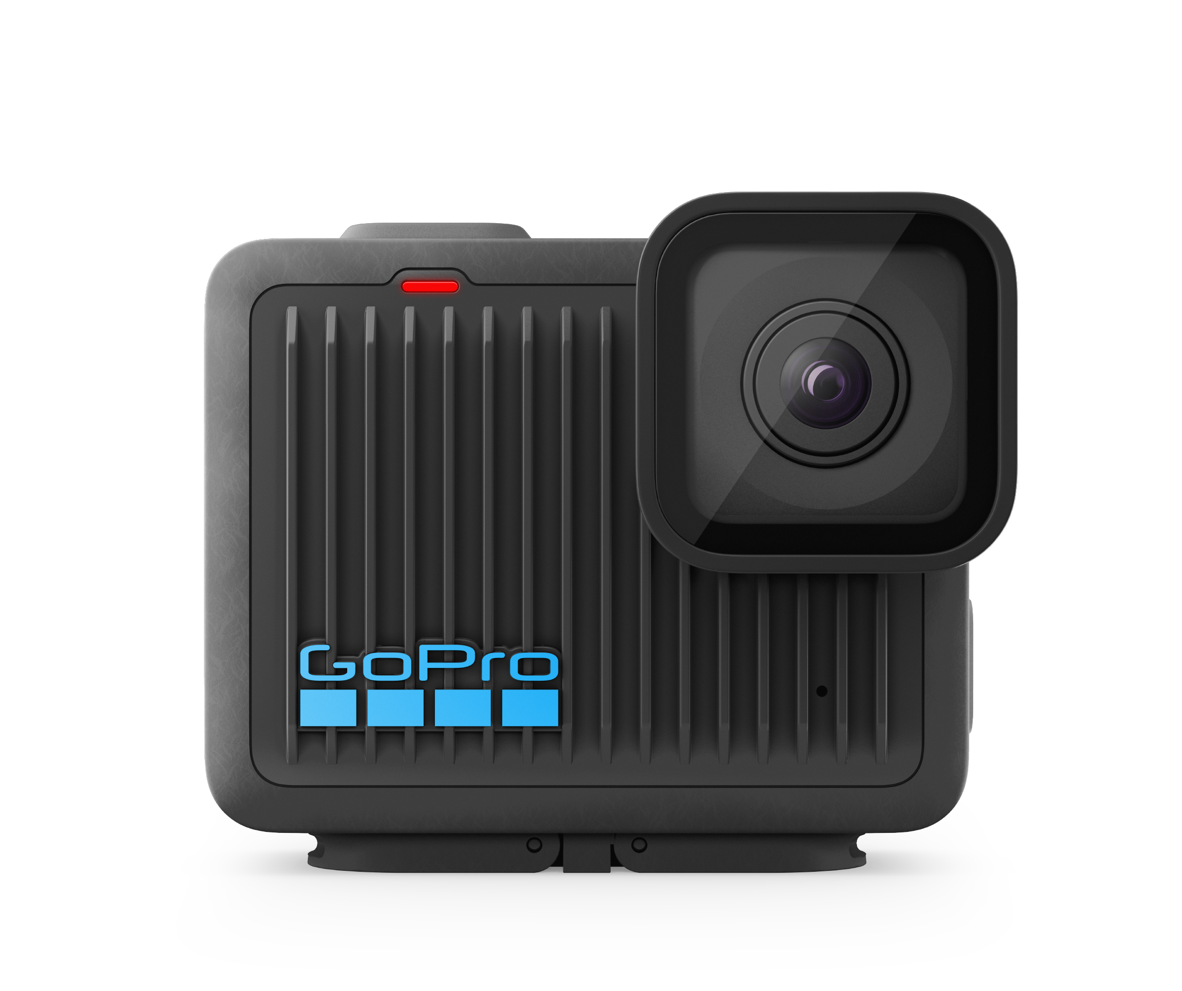 Schwarze GoPro-Kamera mit Linse und Logo auf weißem Hintergrund. Die Kamera ist rechteckig mit geriffelter Front.