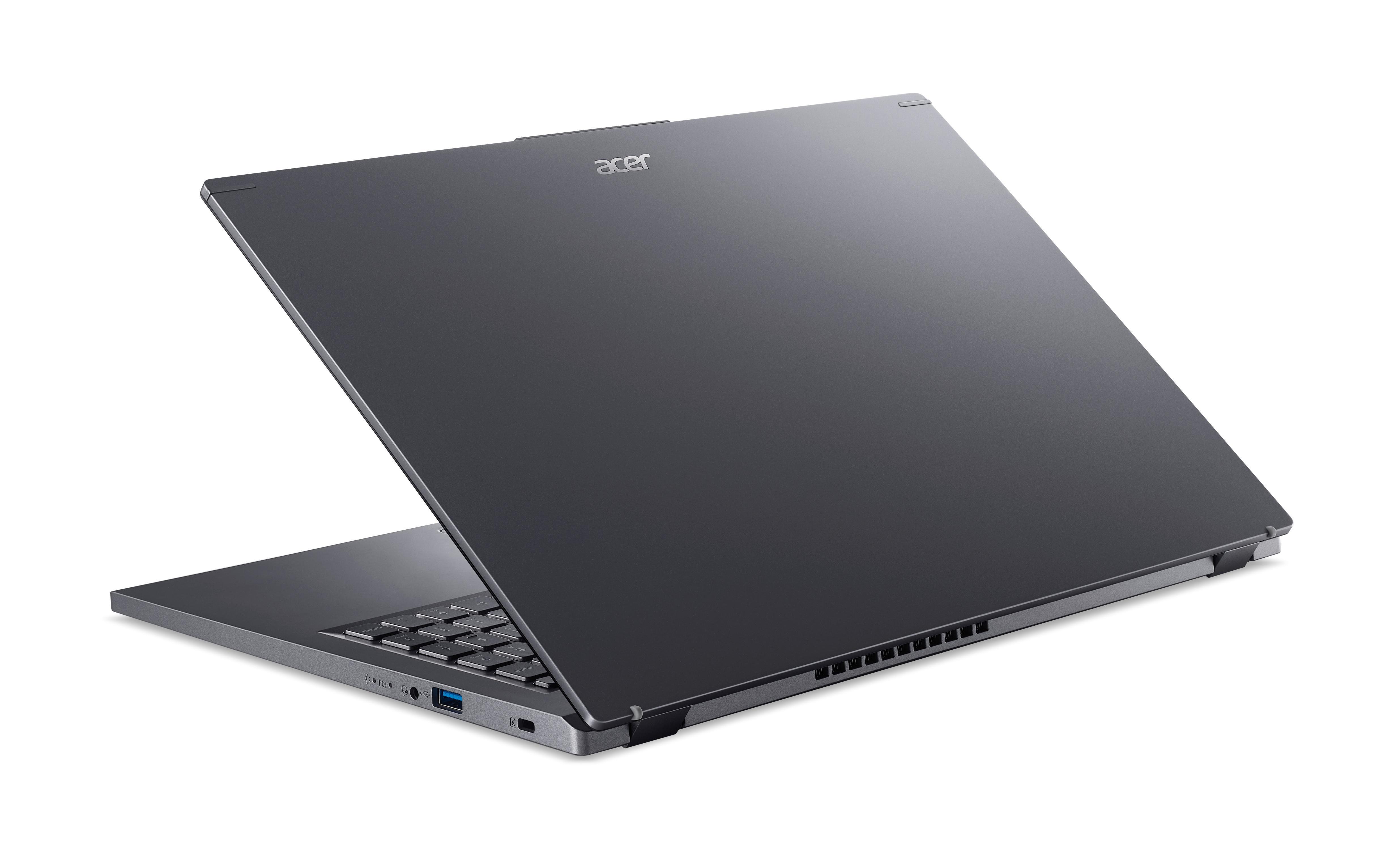 Silberner Laptop mit geöffnetem Bildschirm und Acer-Logo oben.