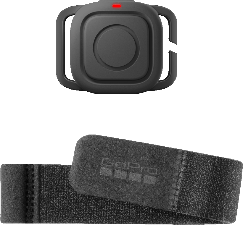 Schwarzer GoPro-Fernbedienungs-Clip mit roter LED und ein schwarzes Gurtband mit GoPro-Logo.