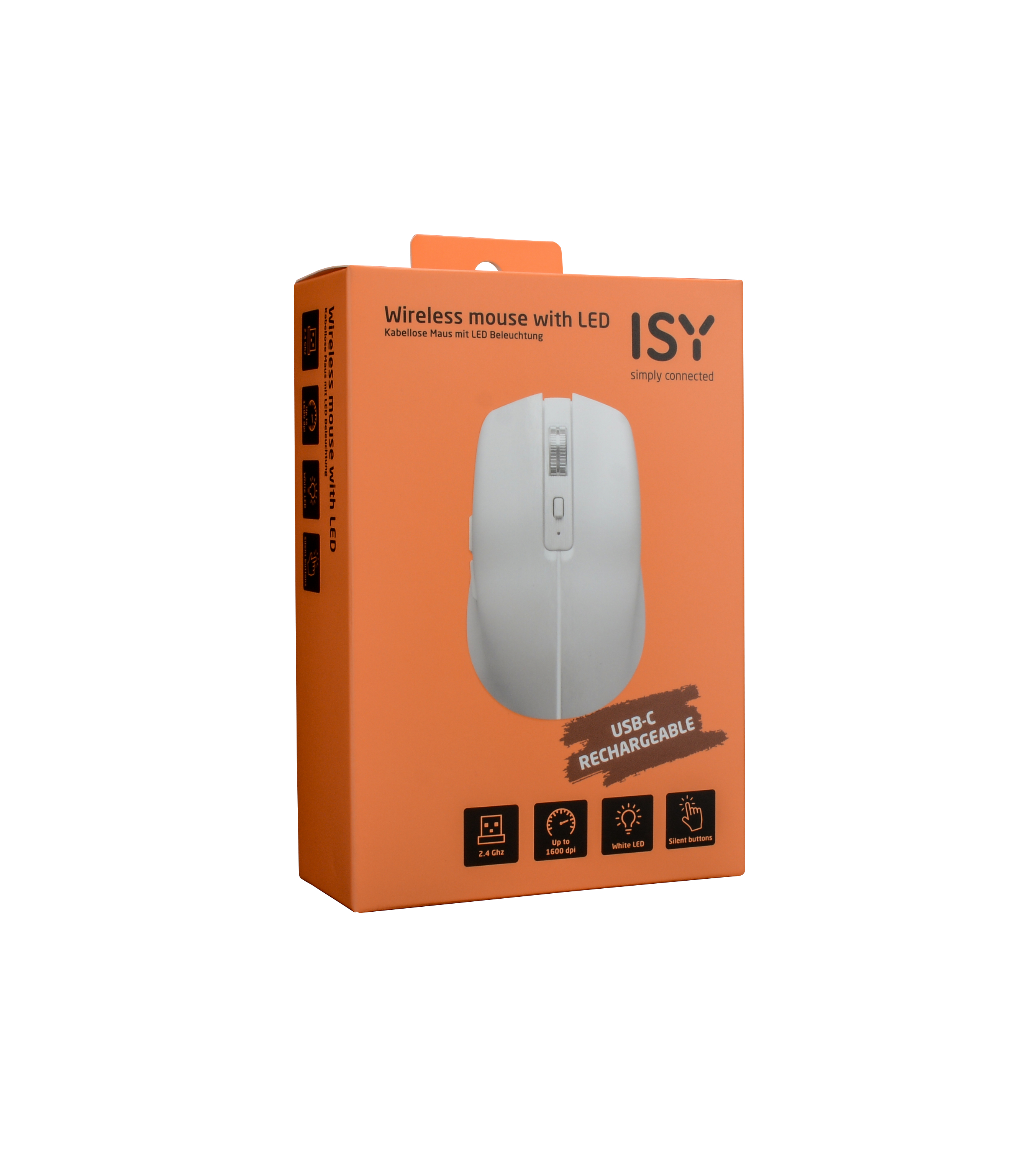 Weiß-orangefarbene Box mit weißer Maus, beschriftet mit ISY Wireless Mouse mit LED.