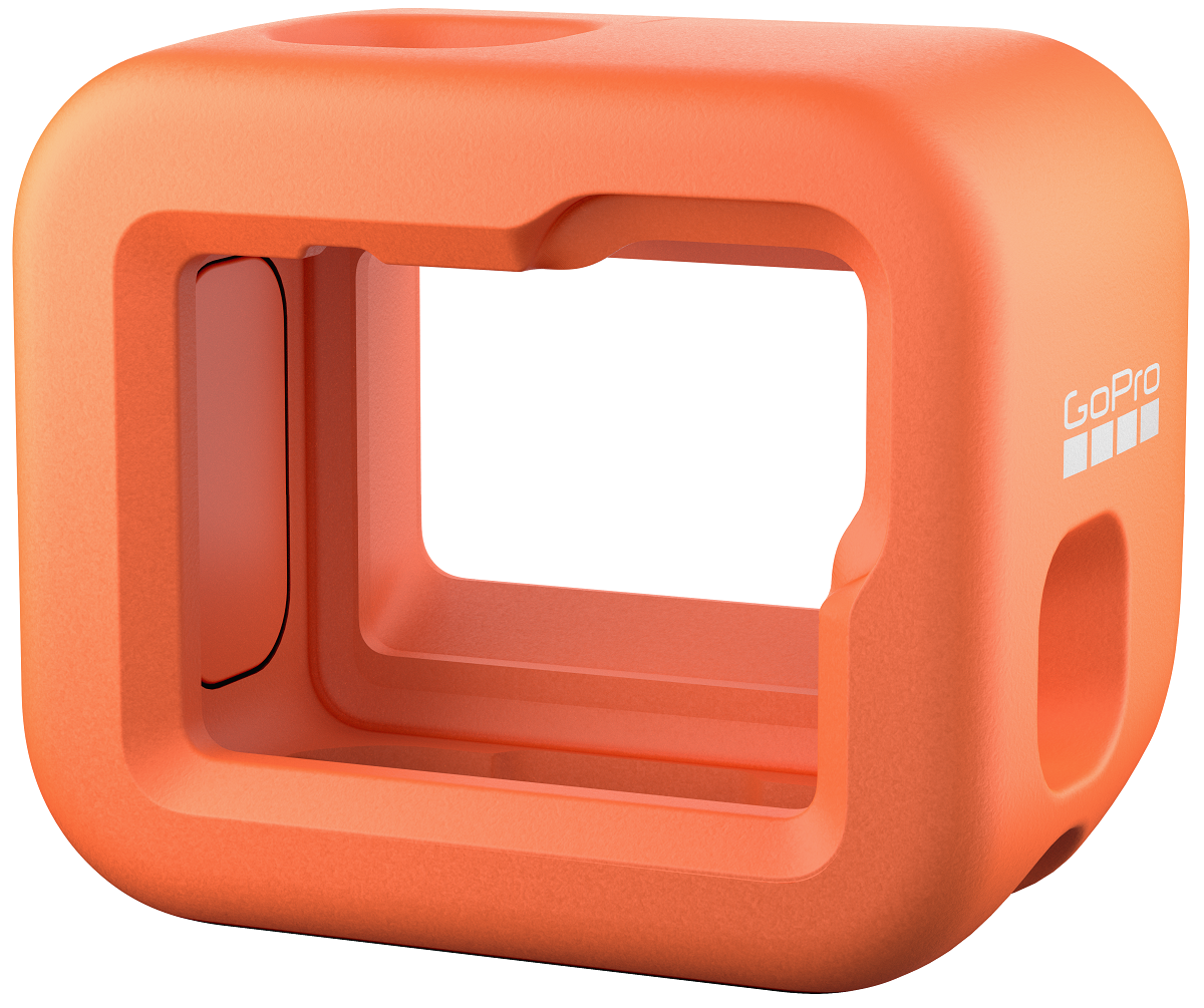 Orange GoPro housing for a camera.