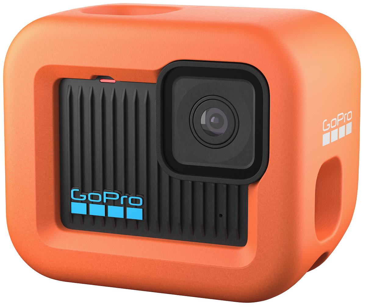 An orange GoPro camera with a black lens and a black front panel.