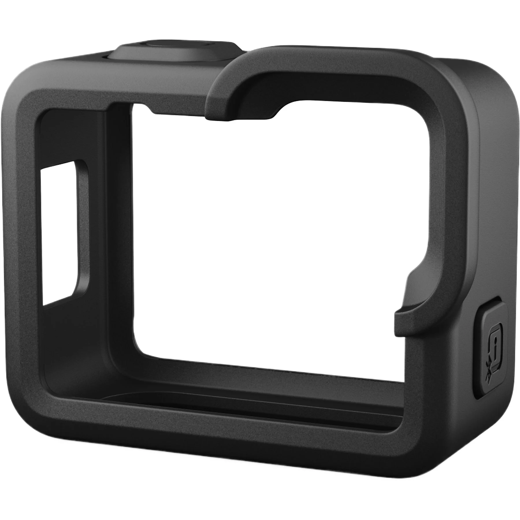 Black camera frame with cutouts. It has a power button and a door opening on the sides. Background is white.