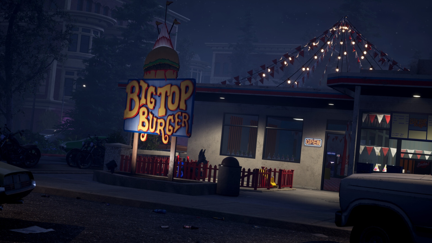 Nachtszenen eines Diners mit dem Schild BIGTOP BURGER. Dekoriert mit Lichtern, Autos und anderen Fahrzeugen.