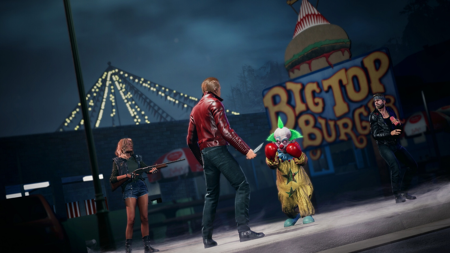 Szene aus einem Horrorfilm mit bewaffneten Personen und einem Clown an einem Burgerstand bei Nacht.