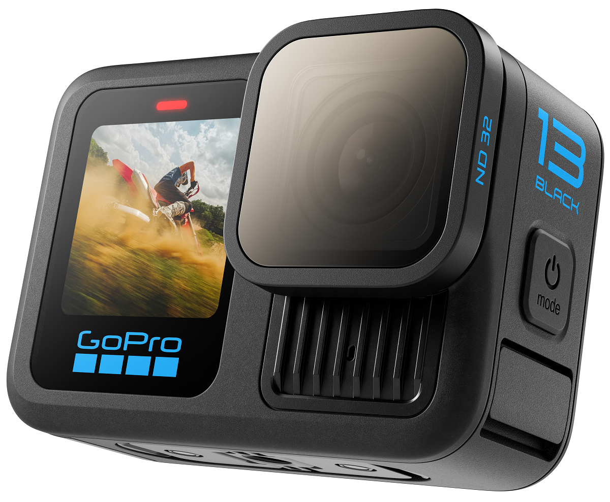 Black GoPro camera with attached screen and controls. Red light on top. Blue GoPro logo.