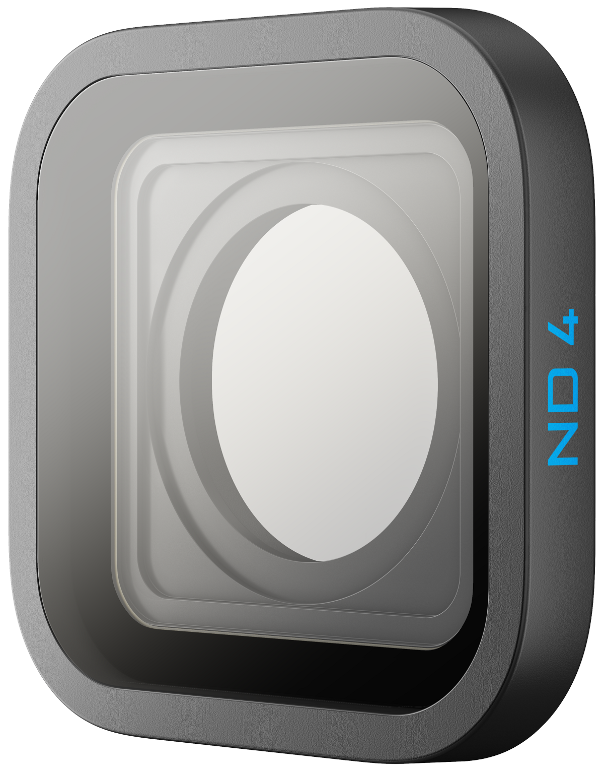 Black camera lens filter with ND4 text. The filter is square with rounded corners. The lens is circular.
