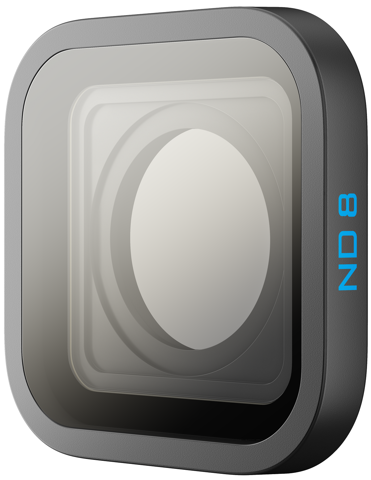 ND8 camera lens filter in its case. Dark gray frame, light glass. Blue ND8 text.