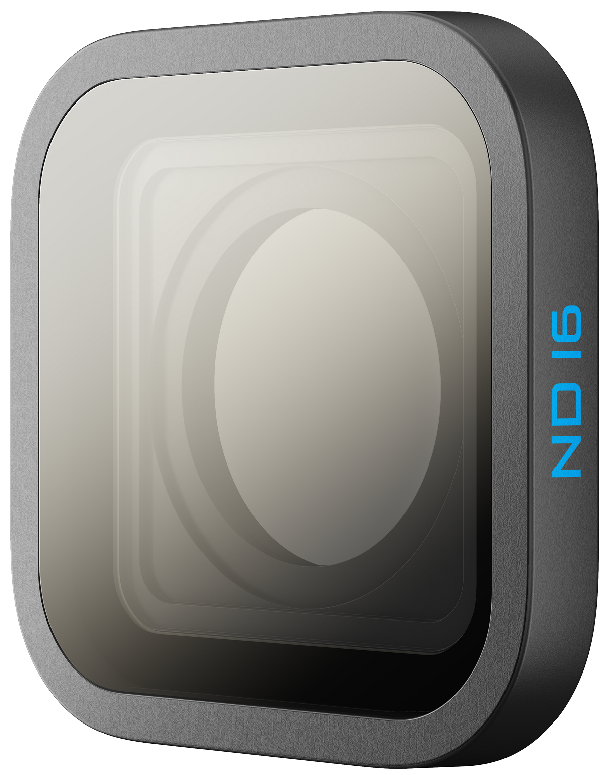 Camera lens filter. Black frame, clear glass. Blue 'ND16' text on side.