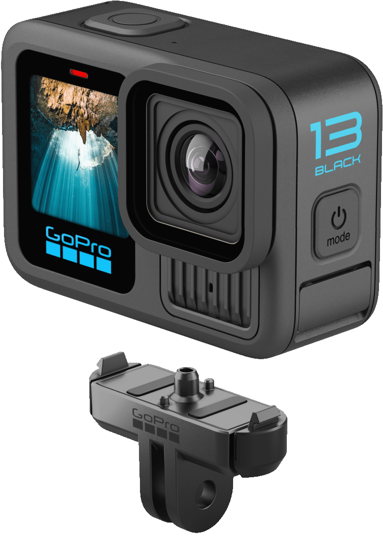 Schwarze GoPro-Kamera mit Objektiv, Bildschirm und abnehmbarer Halterung. Blaues Logo und Text. Schwarzer Hintergrund.
