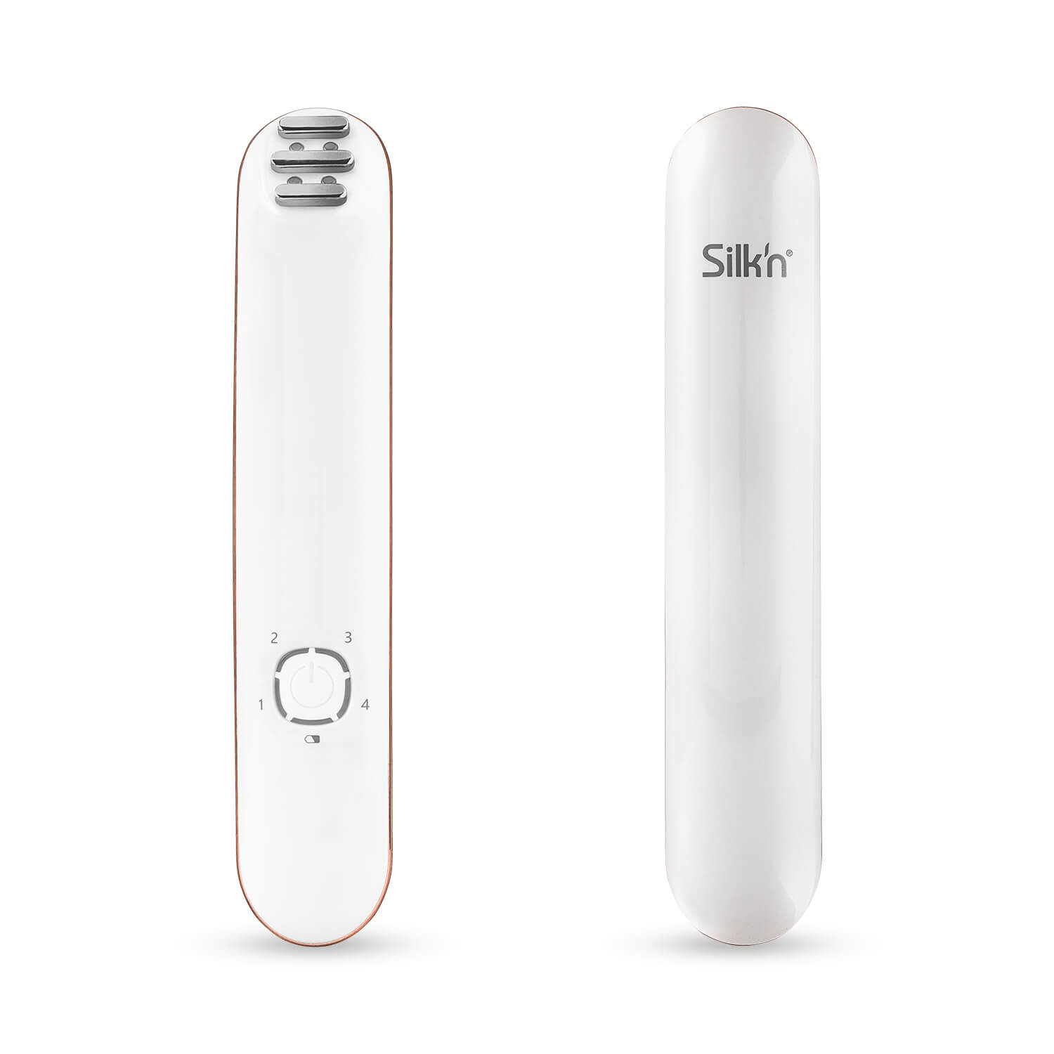 Twee witte apparaten. Eén toont knoppen en nummers, de andere heeft het logo Silk'n. Voor schoonheid.