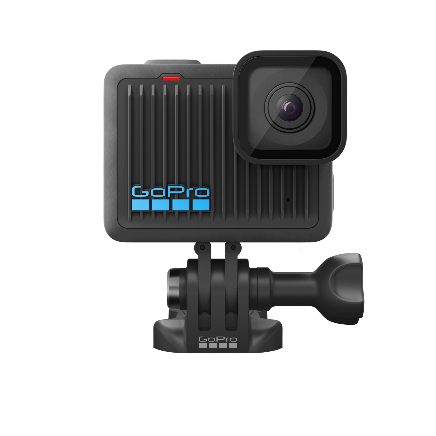 Una cámara GoPro negra con una lente y una pantalla integrada, montada en un marco negro.