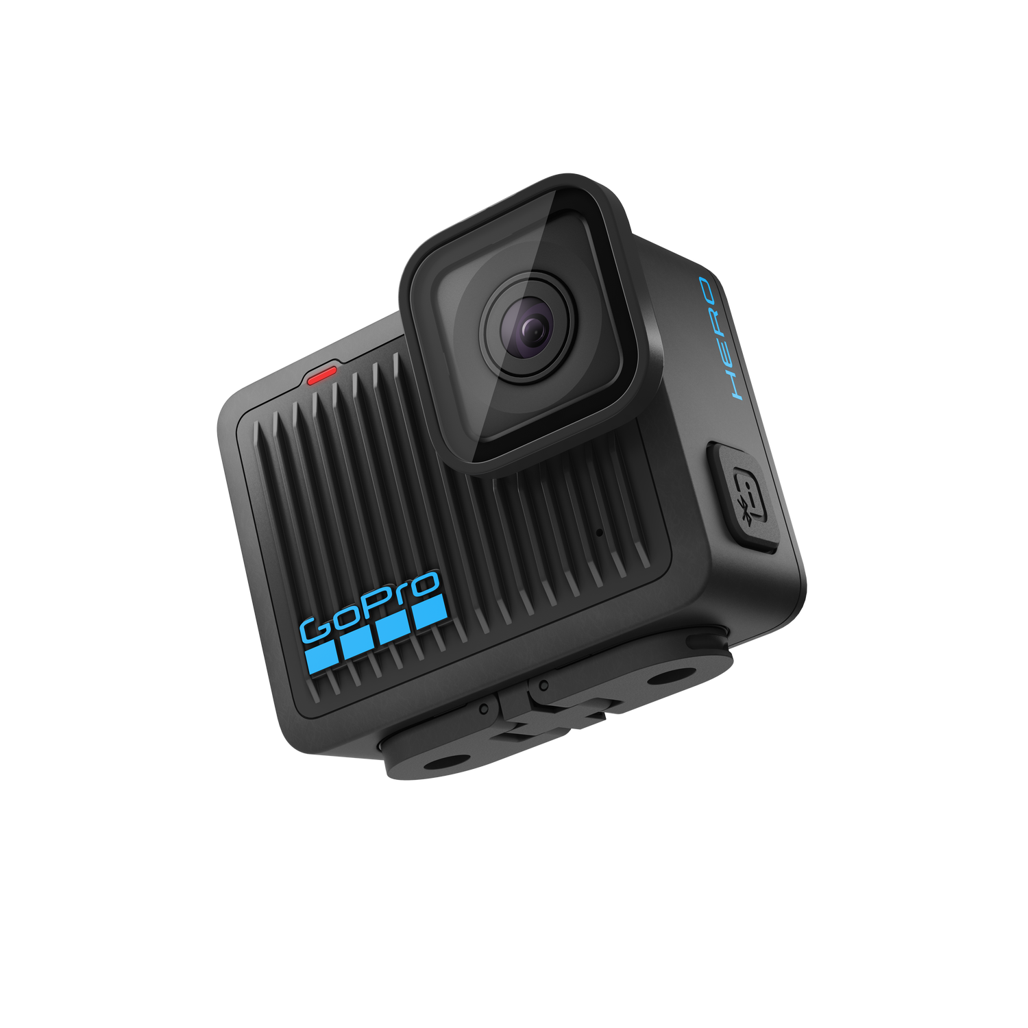 Una cámara GoPro negra con lente, botones y el logotipo de GoPro, sobre un fondo negro.