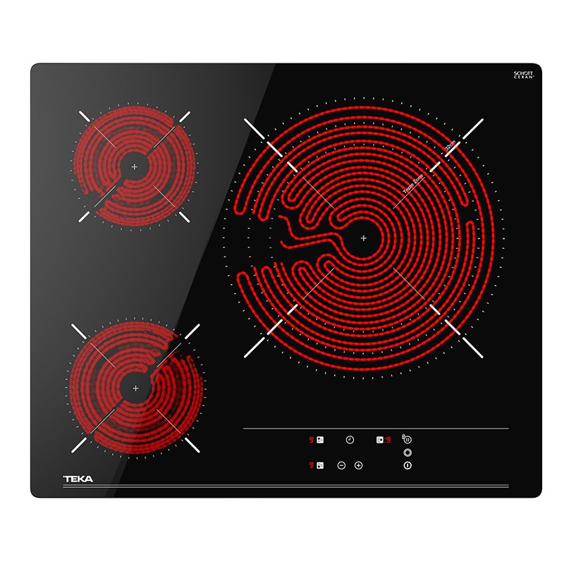 Placa de vidrio negra con tres elementos calefactores rojos y controles digitales. Marca: TEKA.