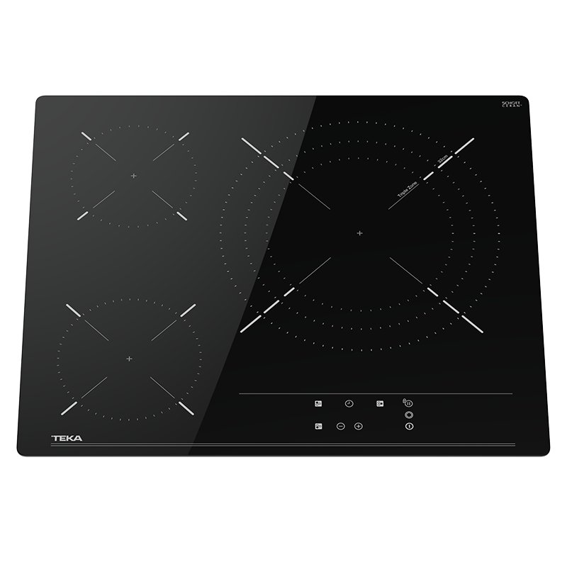Placa de inducción Teka negra, cuatro zonas de cocción, controles táctiles y diseño moderno.