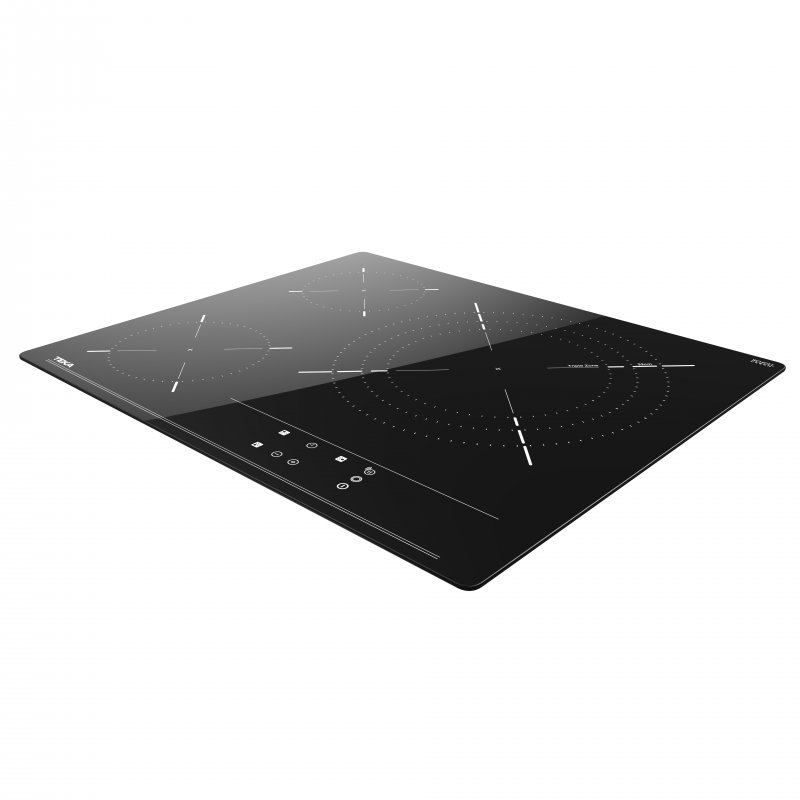 Placa de inducción negra con cuatro zonas de cocción, líneas blancas y botones de control.