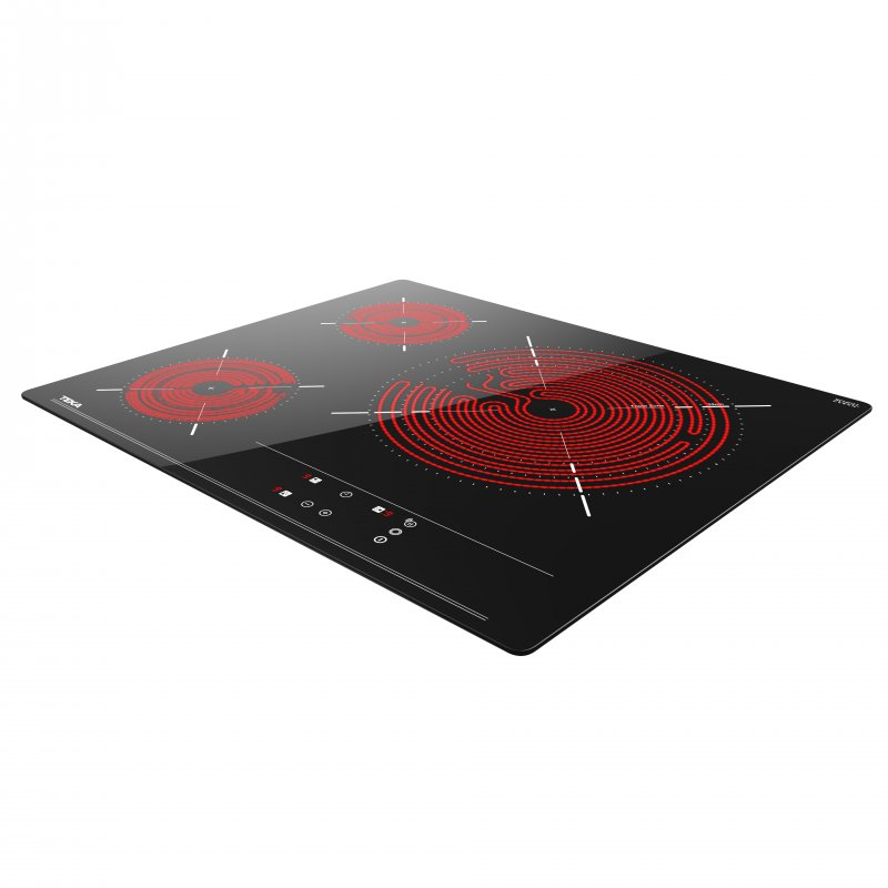 Una placa de inducción negra con tres zonas de calentamiento rojas y botones de control.