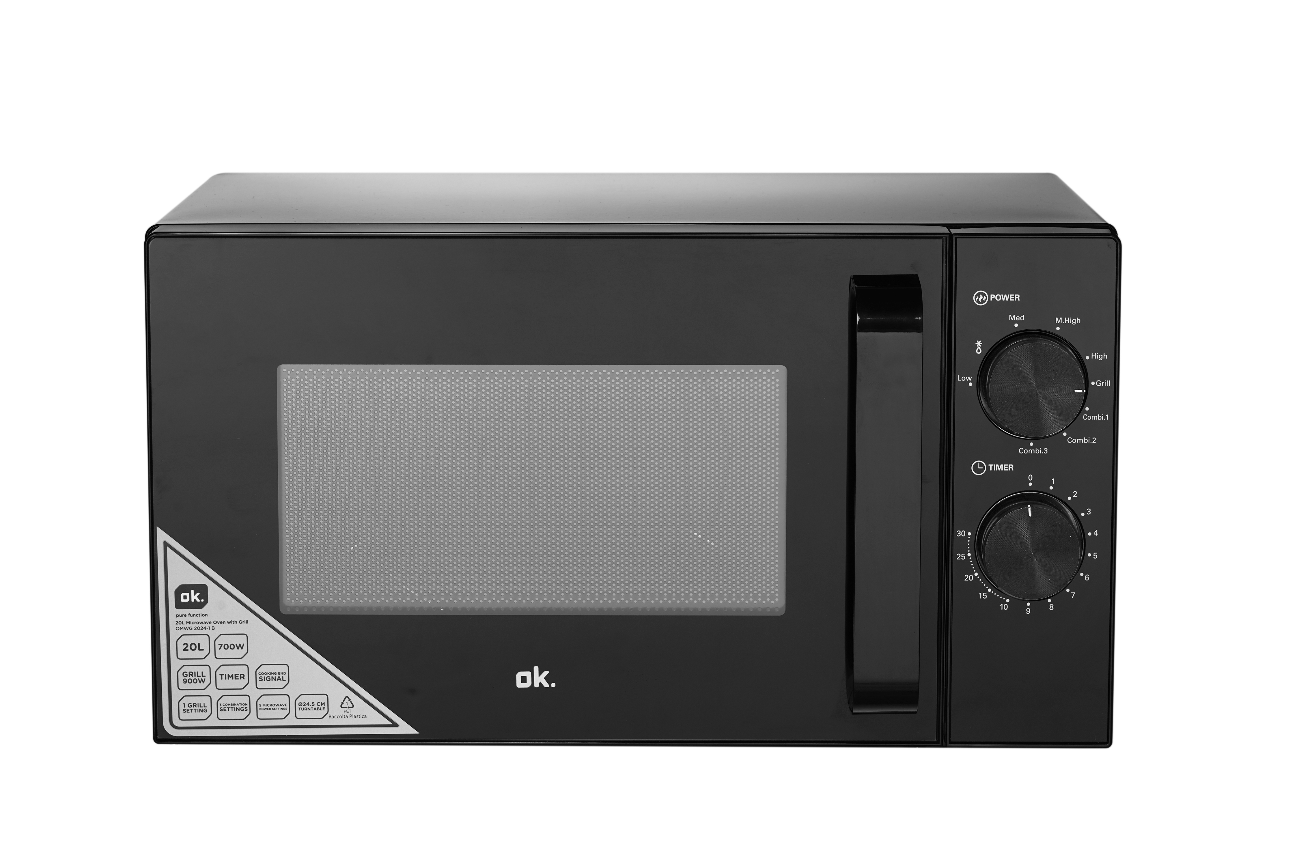 Horno microondas negro. Controles a la derecha, ventana en el medio, logo OK a la izquierda.