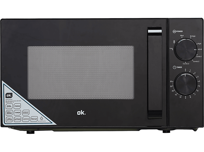 Microondas - Ok OMWG 2024-1 B, 700 W, 900 W Grill, 5 Niveles de Potencia, Función Descongelar, Temporizador, 20 l, Negro