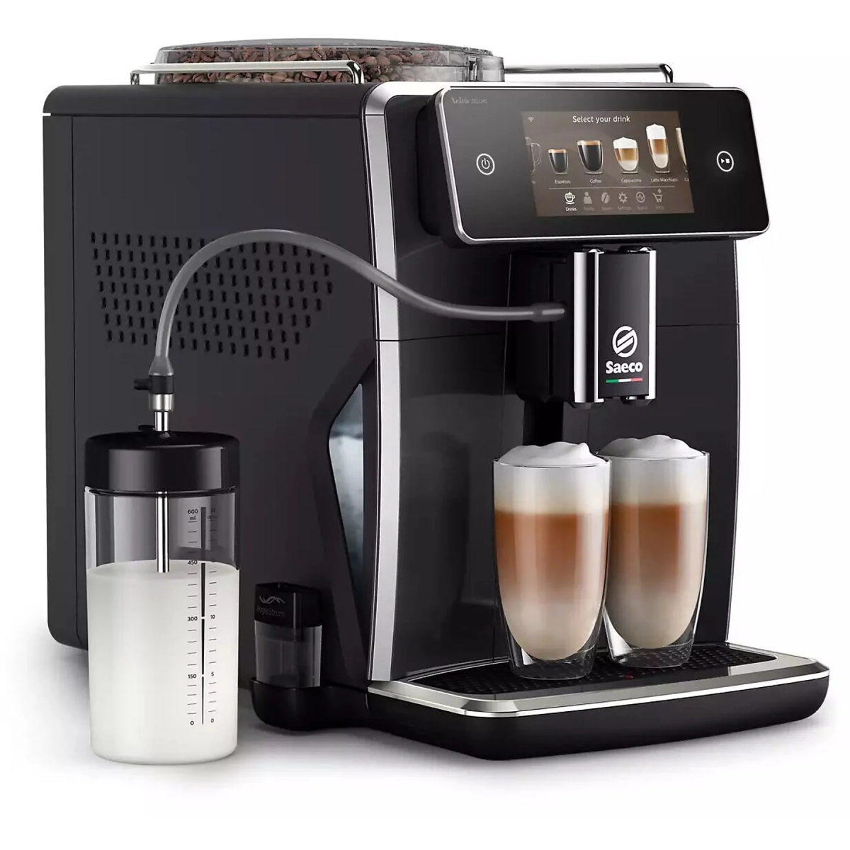 Cafetera express - Saeco SM8780/00, 15 bar, 1500 W, 600 ml, 2 Tazas, 6 Perfiles de Usuario, 22 Programas, Pantalla Táctil, Negro