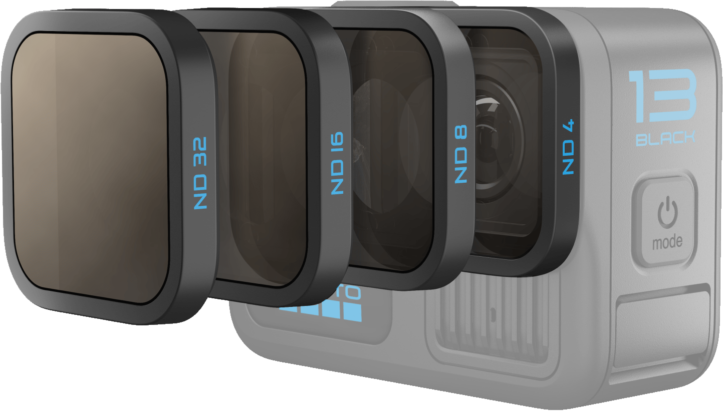 GoPro-Kamera mit ND-Filtern, beschriftet mit ND32, ND16, ND8 und ND4.