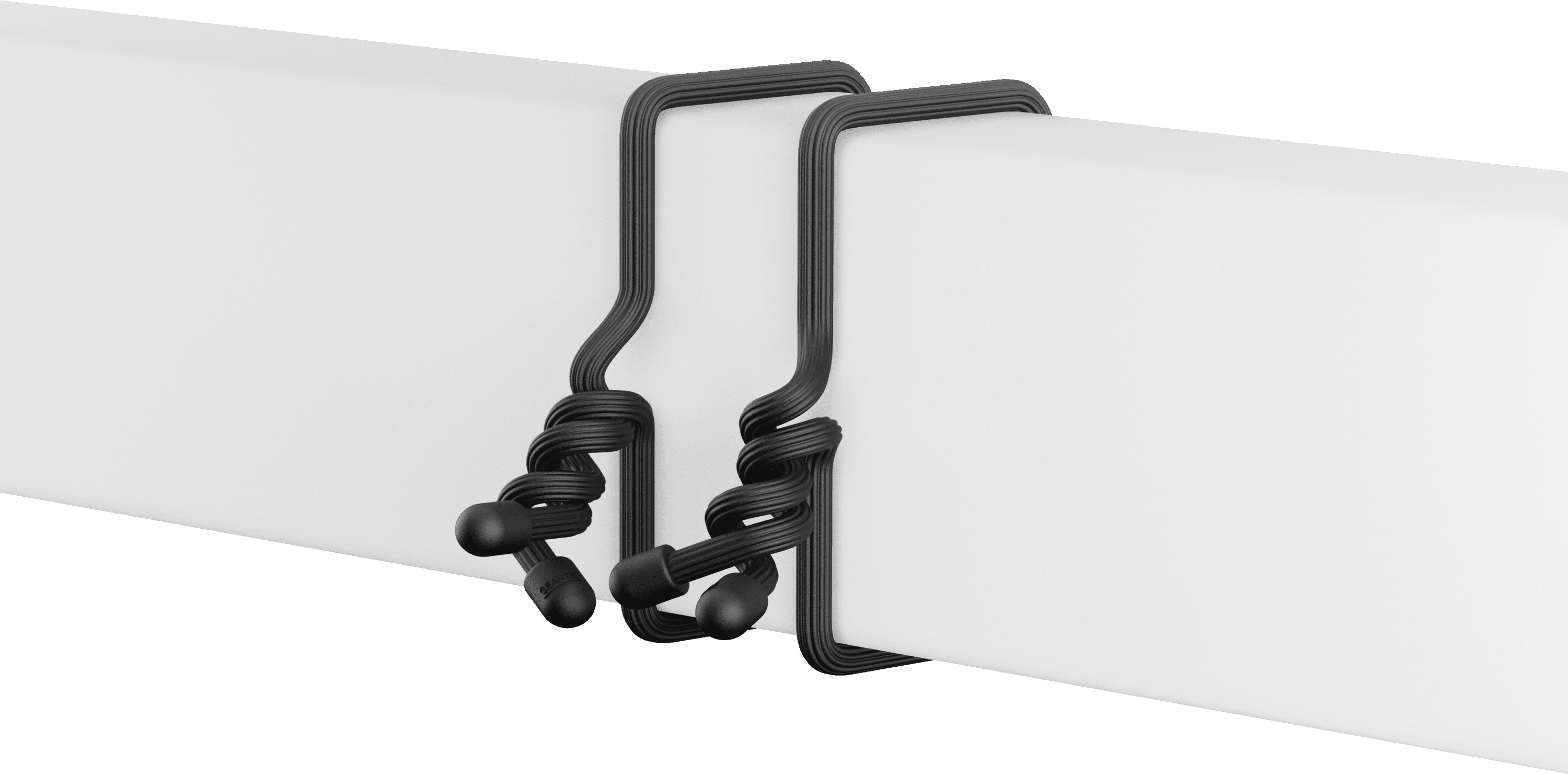 Zwei schwarze, geschleifte Kabel, die an einer weißen Stange befestigt sind. Die Kabel haben kleine, runde Köpfe.