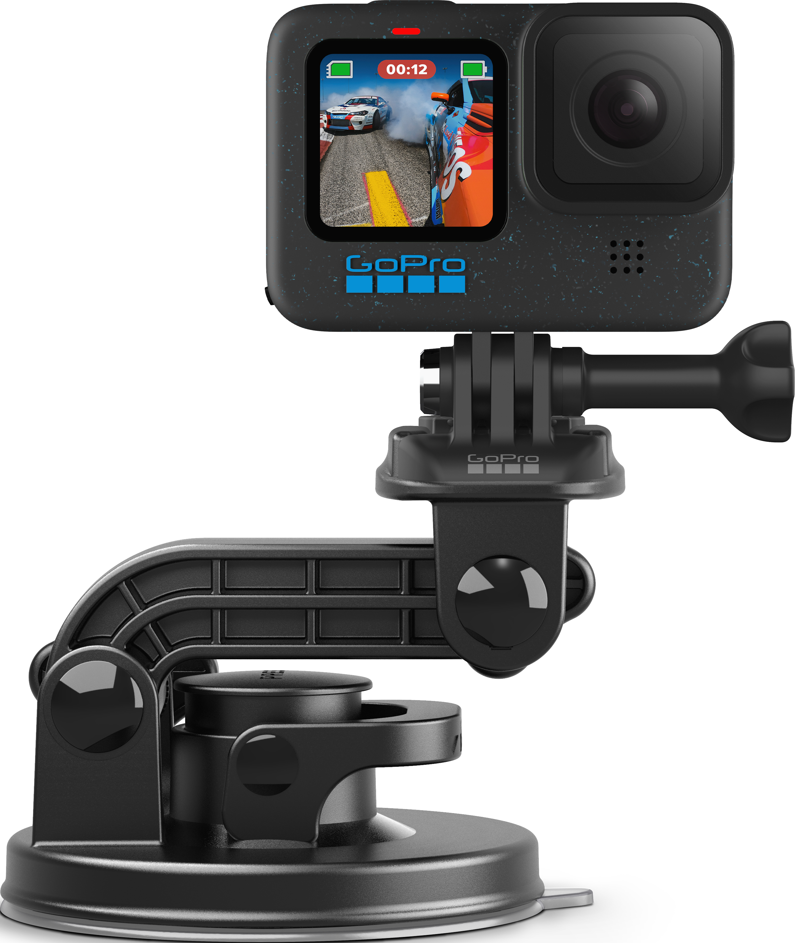 Caméra GoPro montée sur une ventouse. La caméra affiche une scène de course sur son écran.