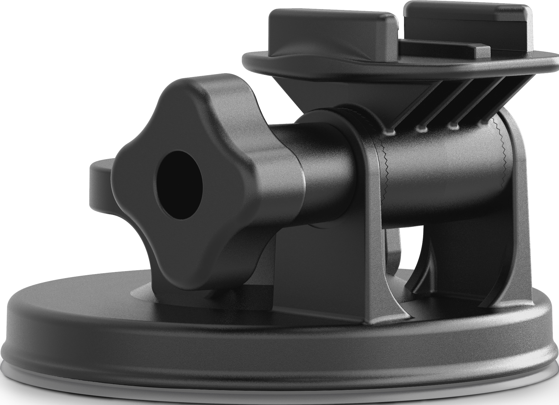 Un support à ventouse noir avec un bouton. Le support est conçu pour être fixé à une surface.