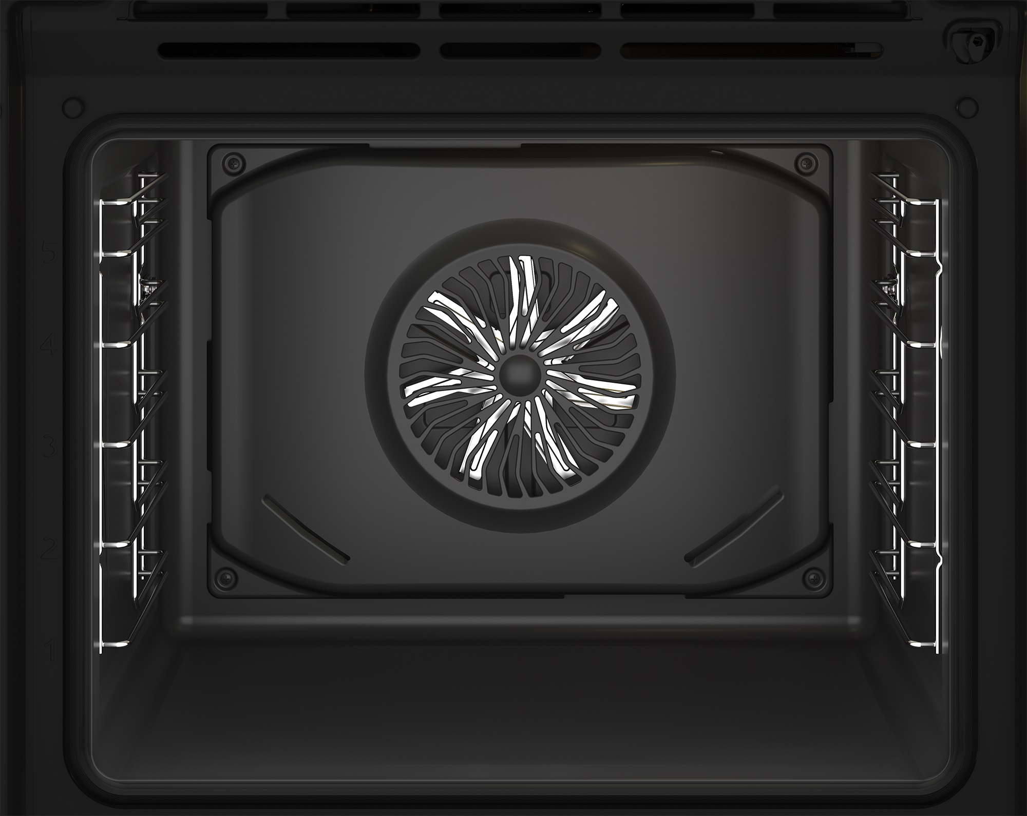 Pokazano wnętrze piekarnika, z widocznym wentylatorem. Piekarnik jest ciemny ze światłami.