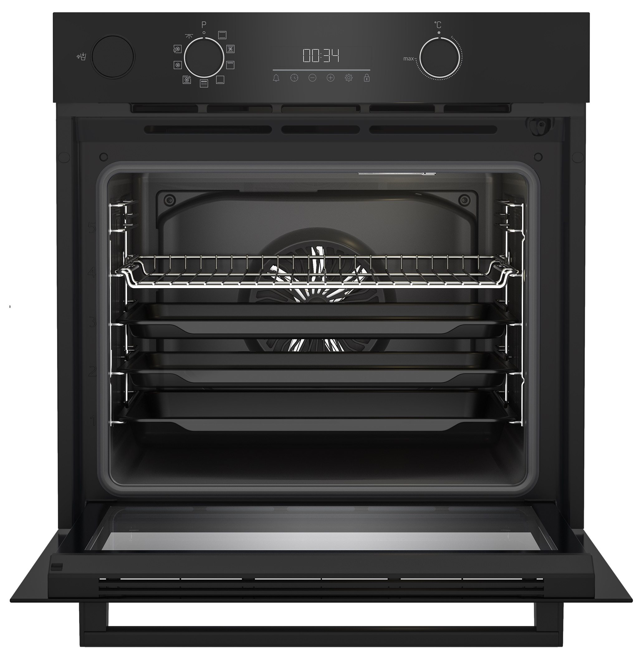 Otwarty czarny piekarnik z tacami w środku.