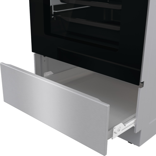 Pokazano szafkę kuchenną z otwartą szufladą. Szuflada jest srebrna i pusta.