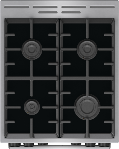 Widok z góry na kuchenkę gazową z czterema palnikami. Ma wykończenie ze stali nierdzewnej. Palniki są czarne z szarymi rusztami.