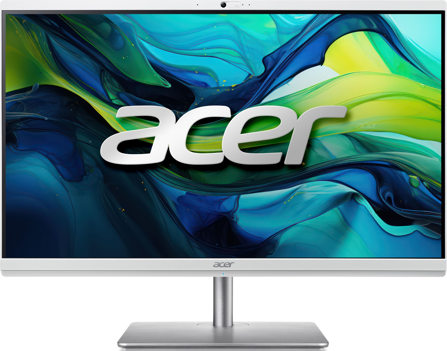 Monitor Acer bianco. Schermo grande con logo Acer. Supporto argentato. Visualizzazione di un'immagine astratta colorata.