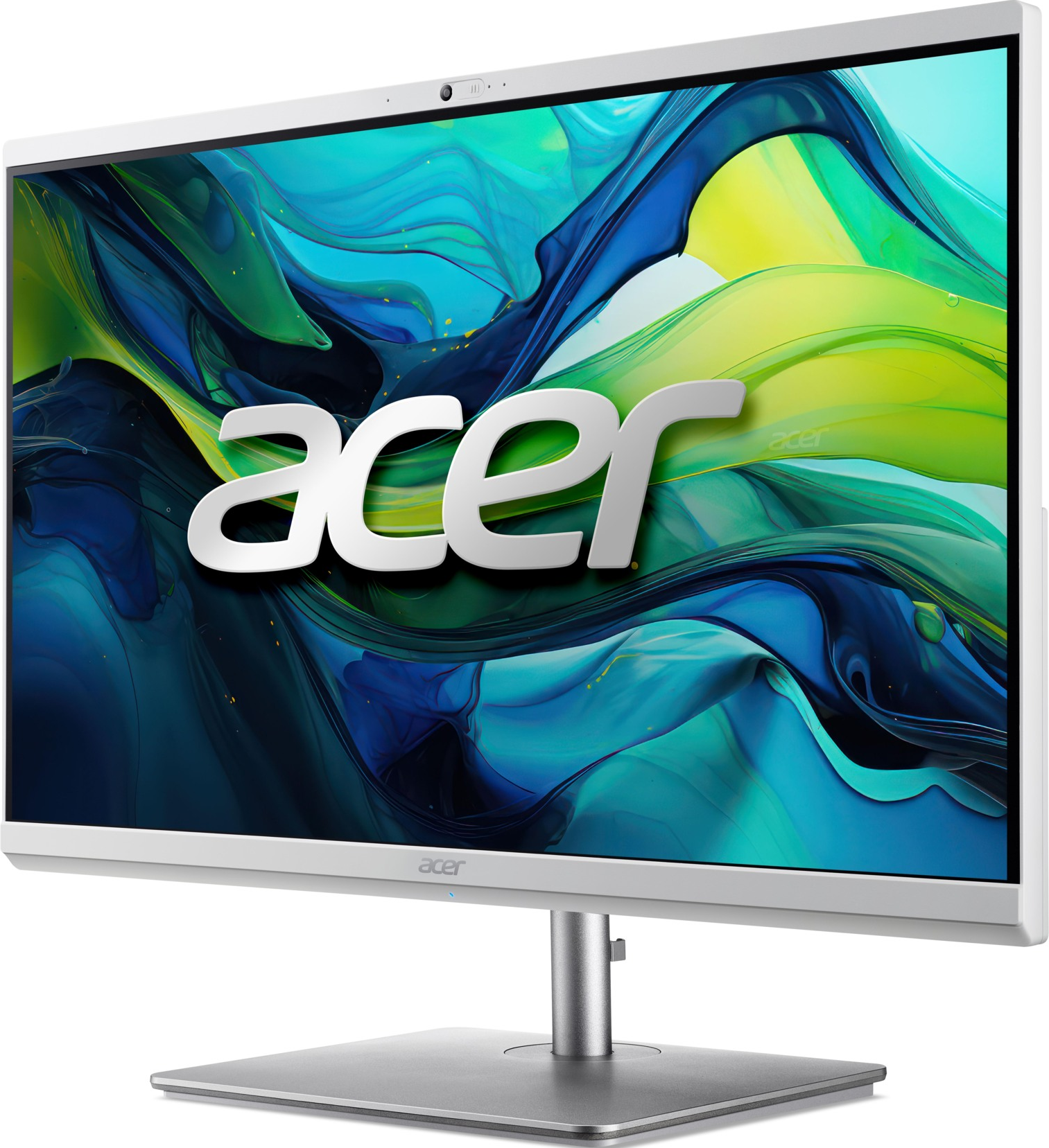 Un monitor Acer argentato con webcam in alto e il logo Acer ben in mostra.