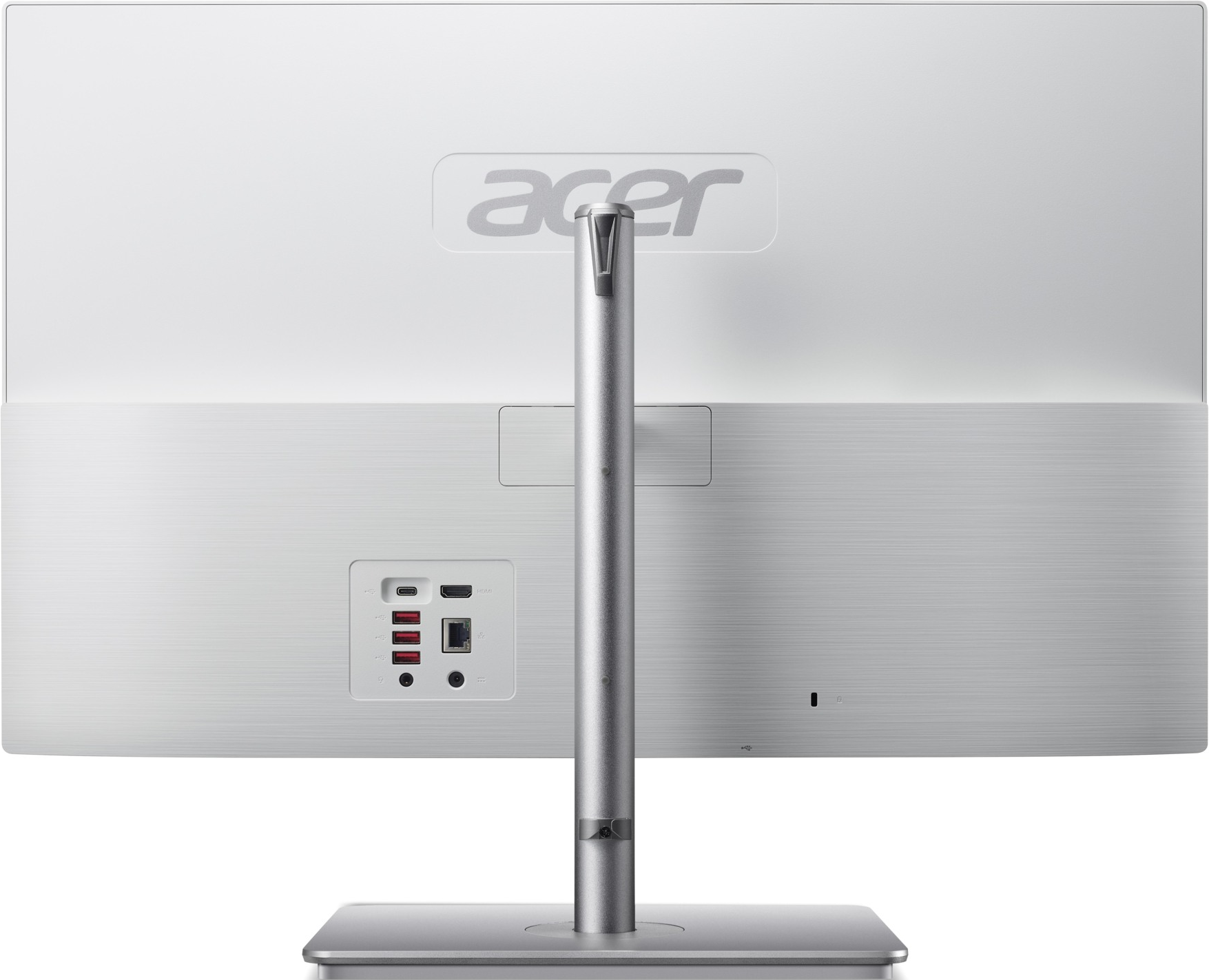 La parte posteriore di un monitor per computer bianco con porte e il logo Acer in alto.