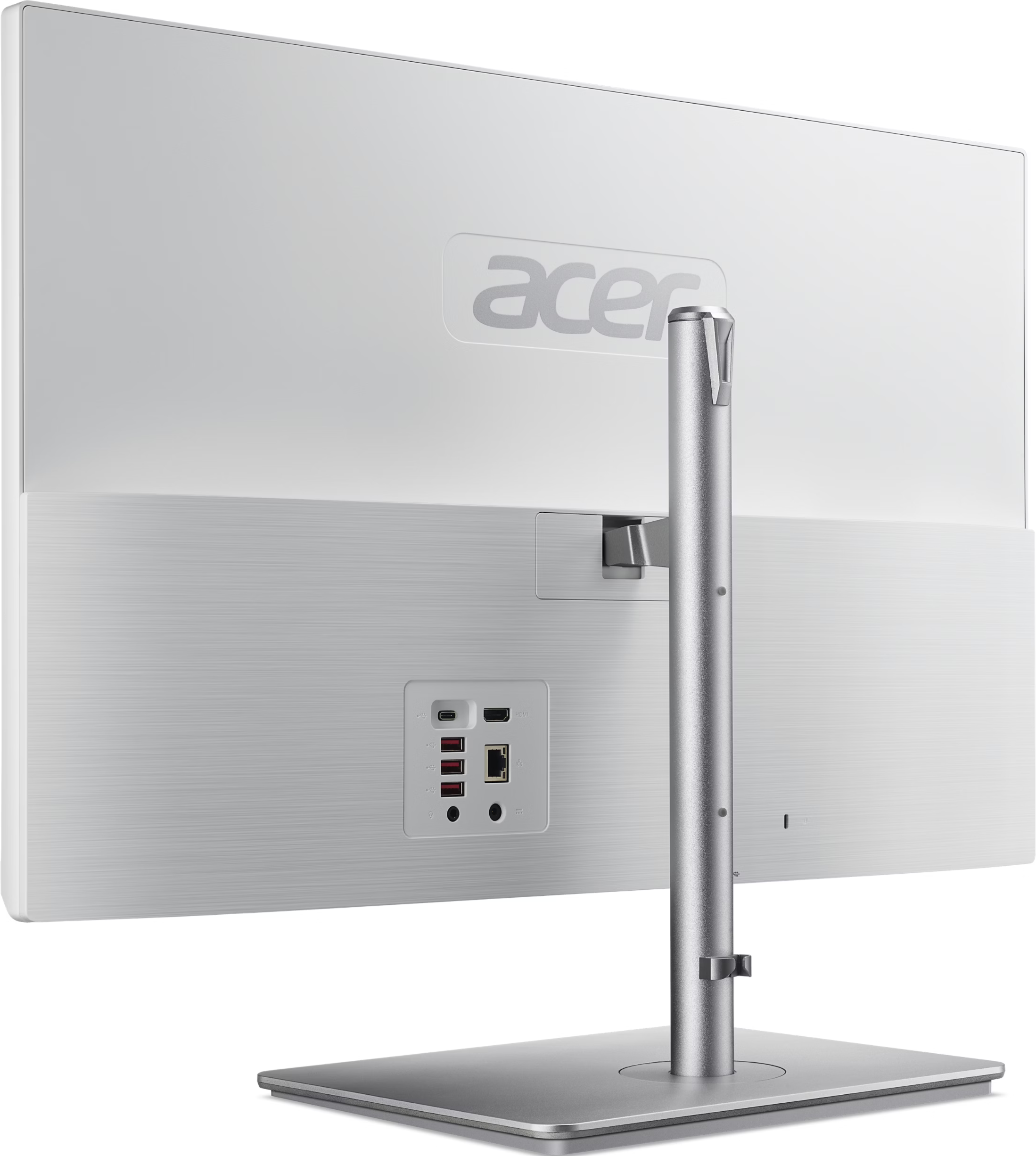 Retro di un monitor per computer Acer bianco con supporto argentato e porte visibili.