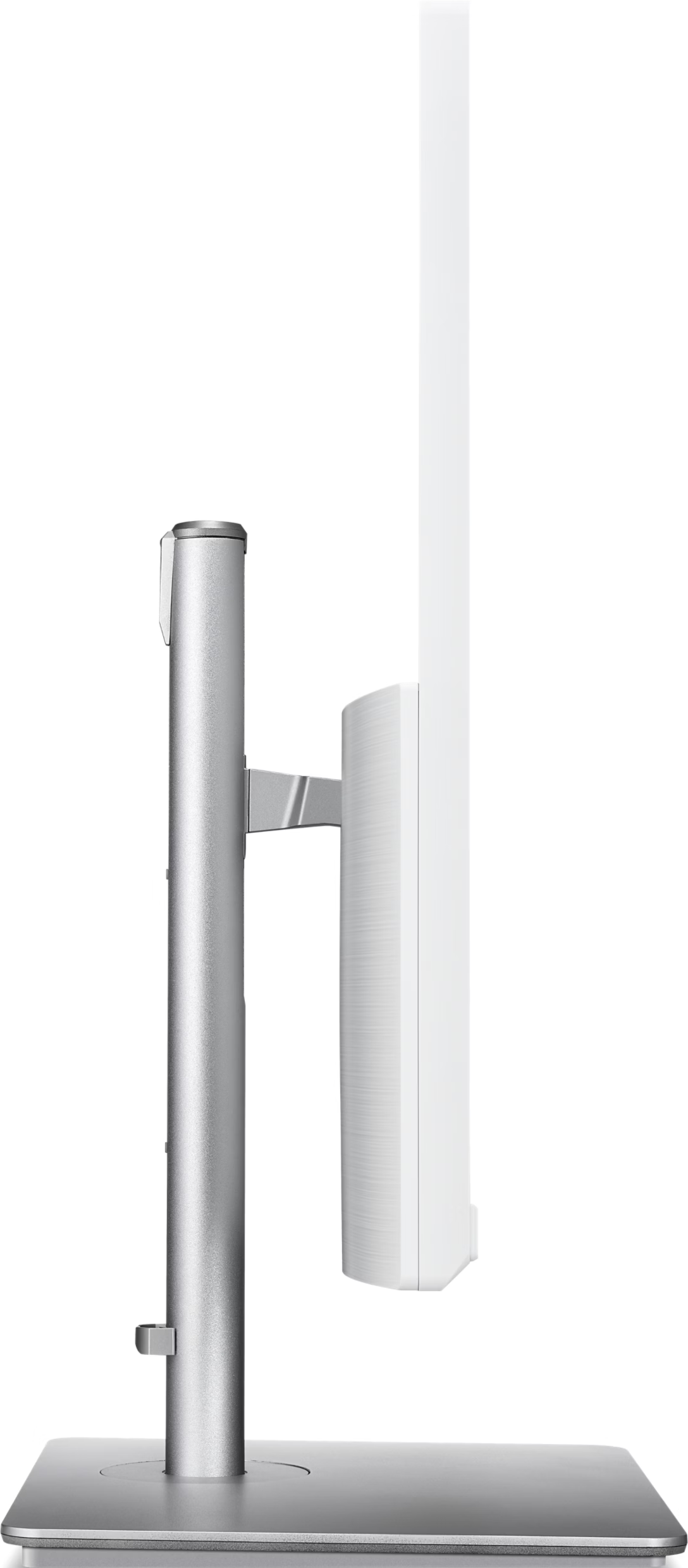 Un monitor del computer di lato, con supporto argentato e schermo e cornice bianchi.