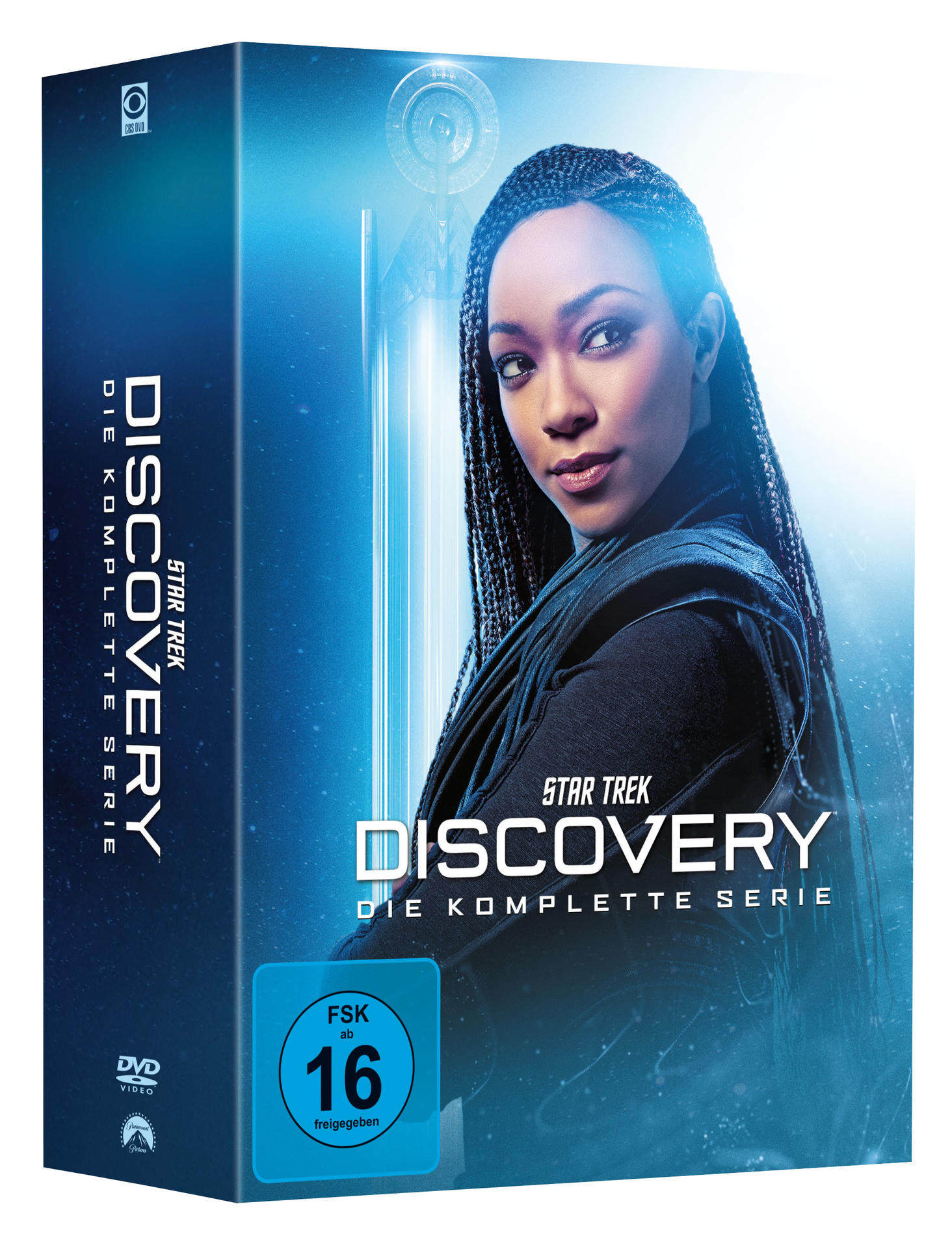 DVD-Box-Set von Star Trek: Discovery. Zeigt eine Frau mit Zöpfen, Titel und Serienmarke auf der Box.