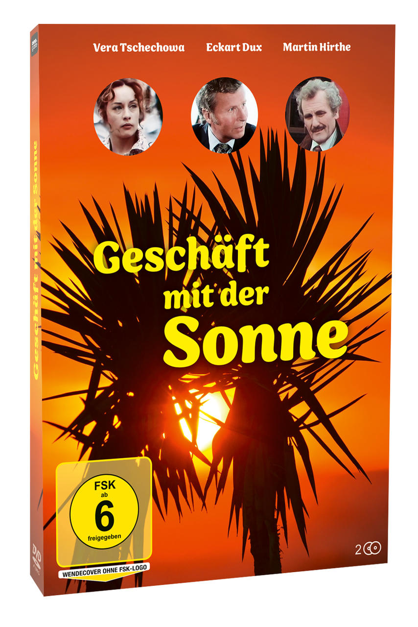 DVD-Cover: Palmen und Sonnenuntergang. Deutscher Text 'Geschäft mit der Sonne' und Schauspielerporträts.