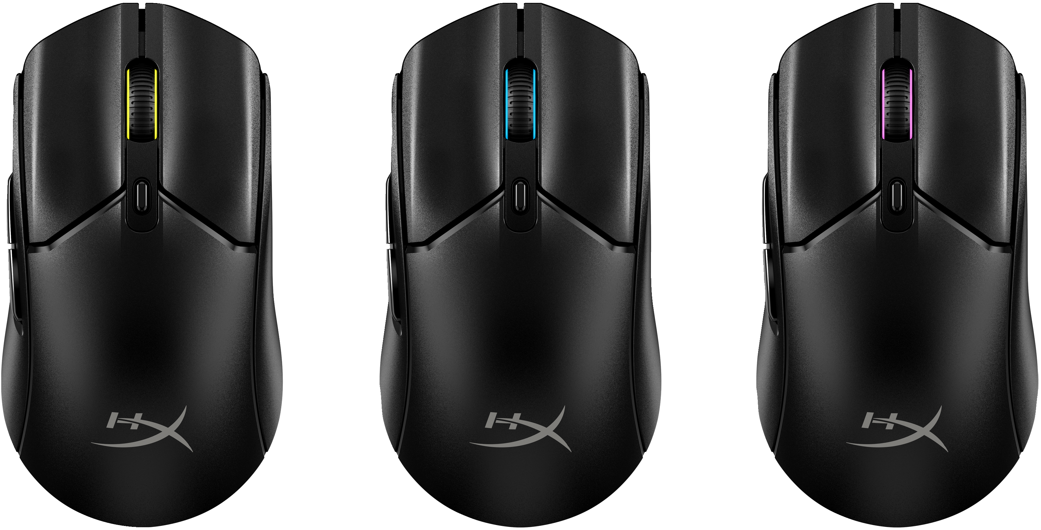 Trois souris de jeu noires avec des molettes de défilement de couleurs différentes.