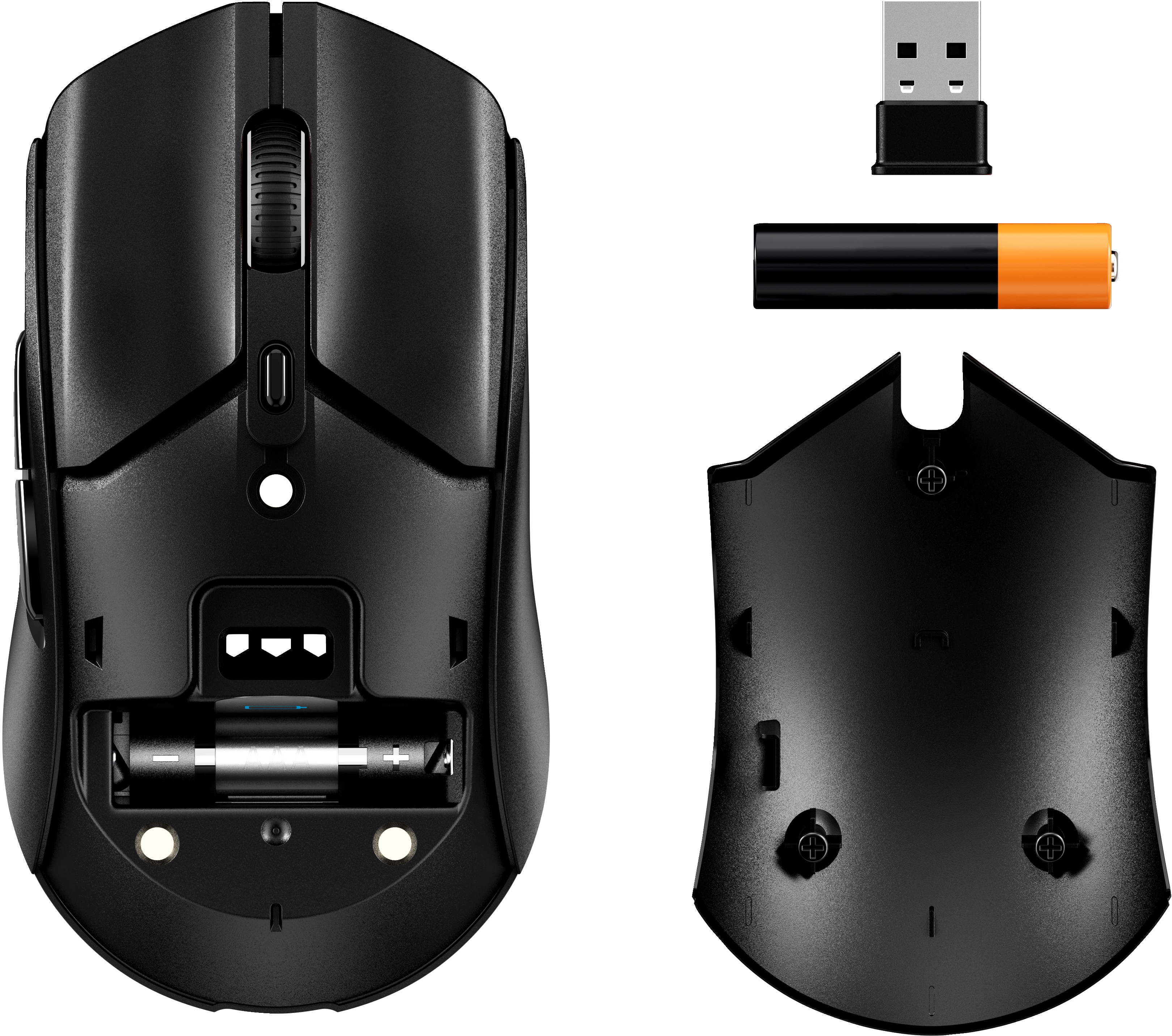 Souris sans fil noire avec compartiment à piles ouvert, montrant une pile et un récepteur USB.
