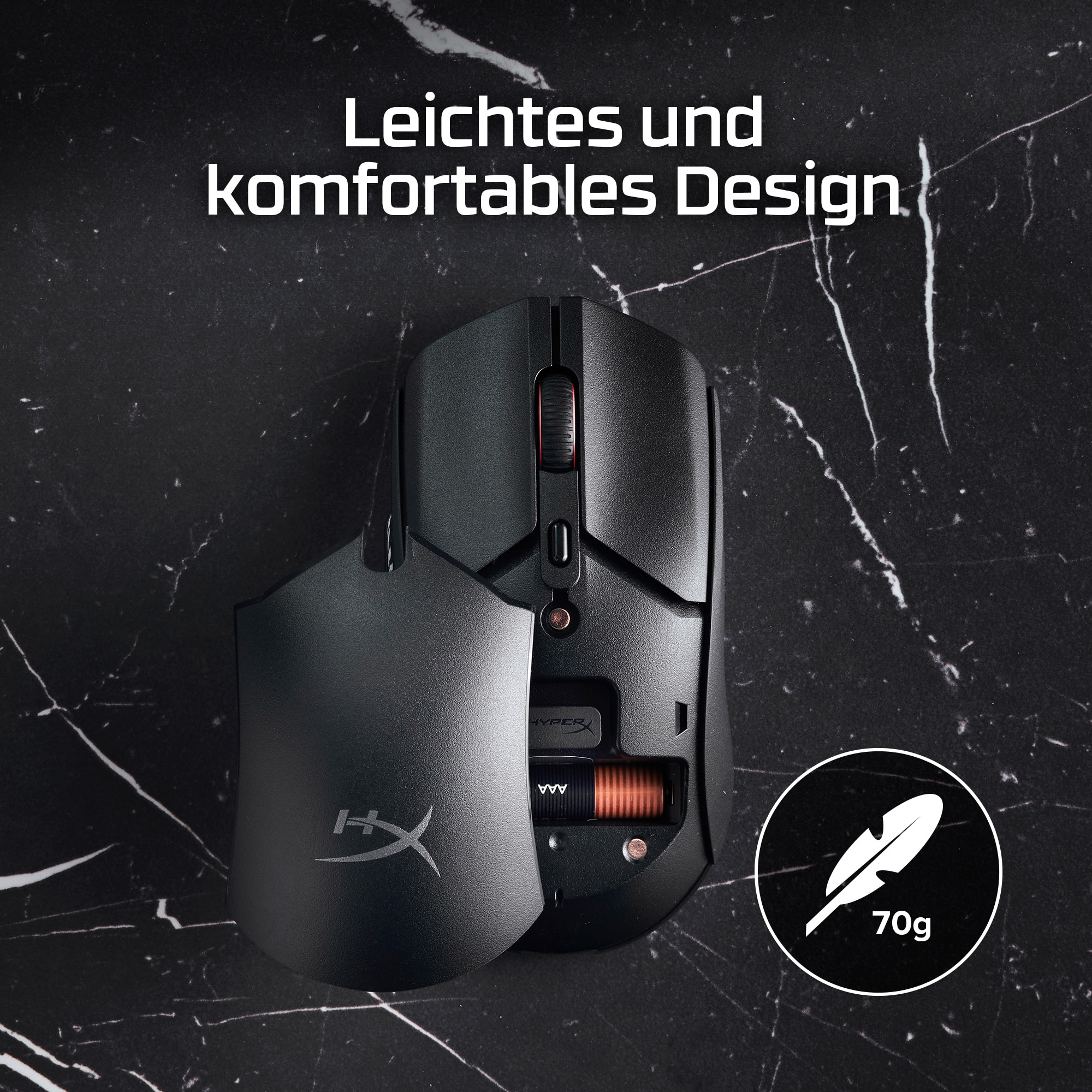 Souris gaming noire avec côté détachable, icône de plume blanche.