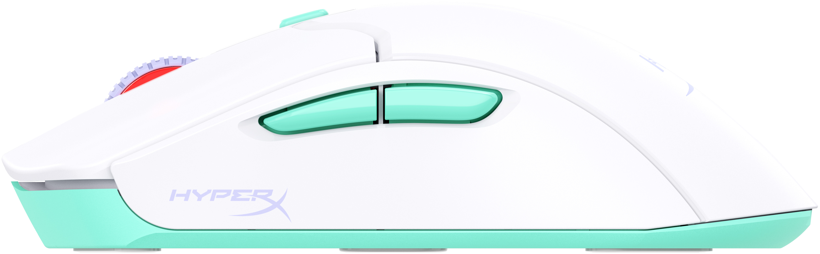 Mouse da gaming bianco e verde acqua. Con pulsanti laterali, rotella di scorrimento e logo HyperX.