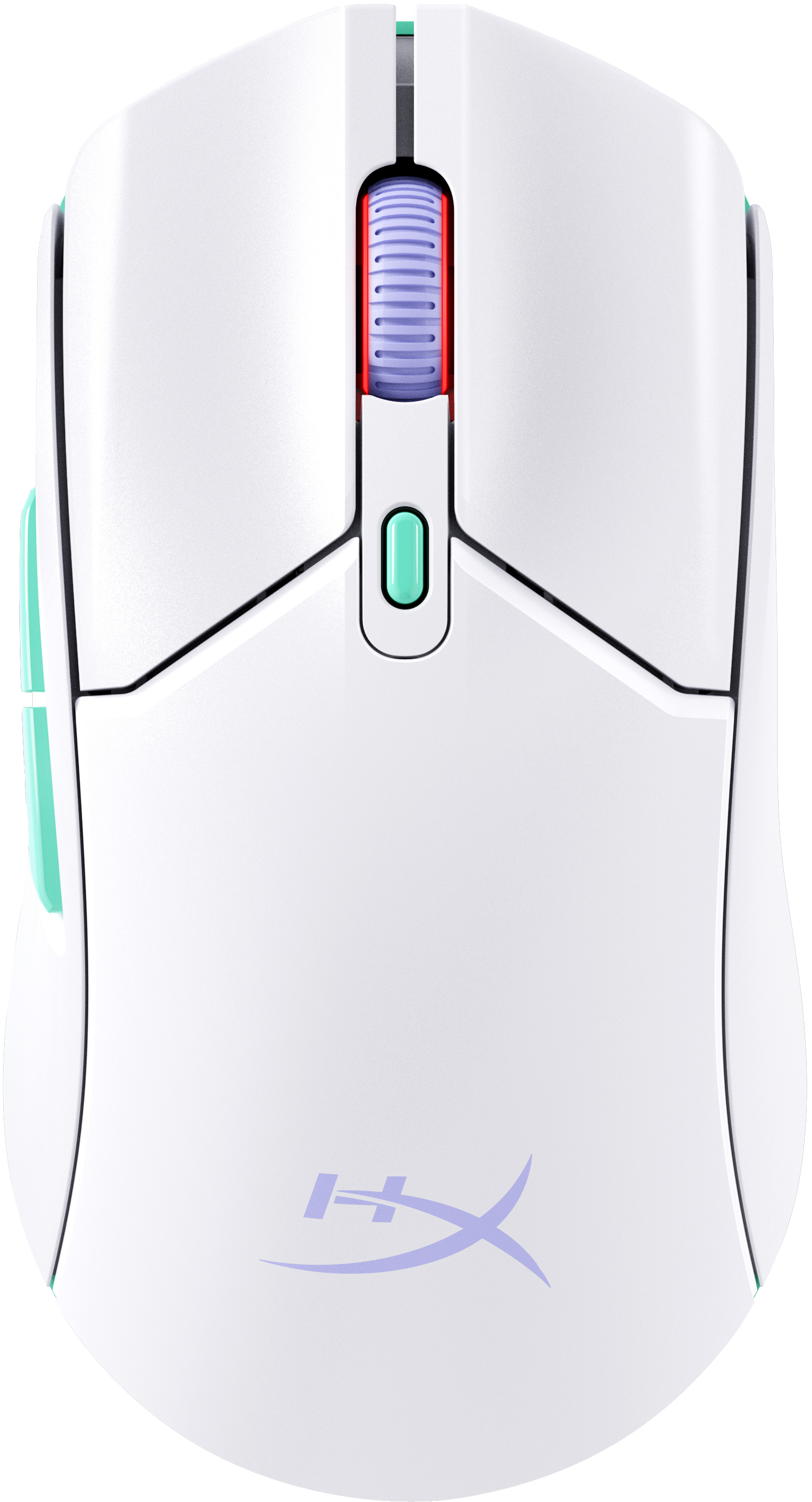 Un mouse da gioco bianco con una rotella di scorrimento. Ha un pulsante laterale verde acqua e un logo.