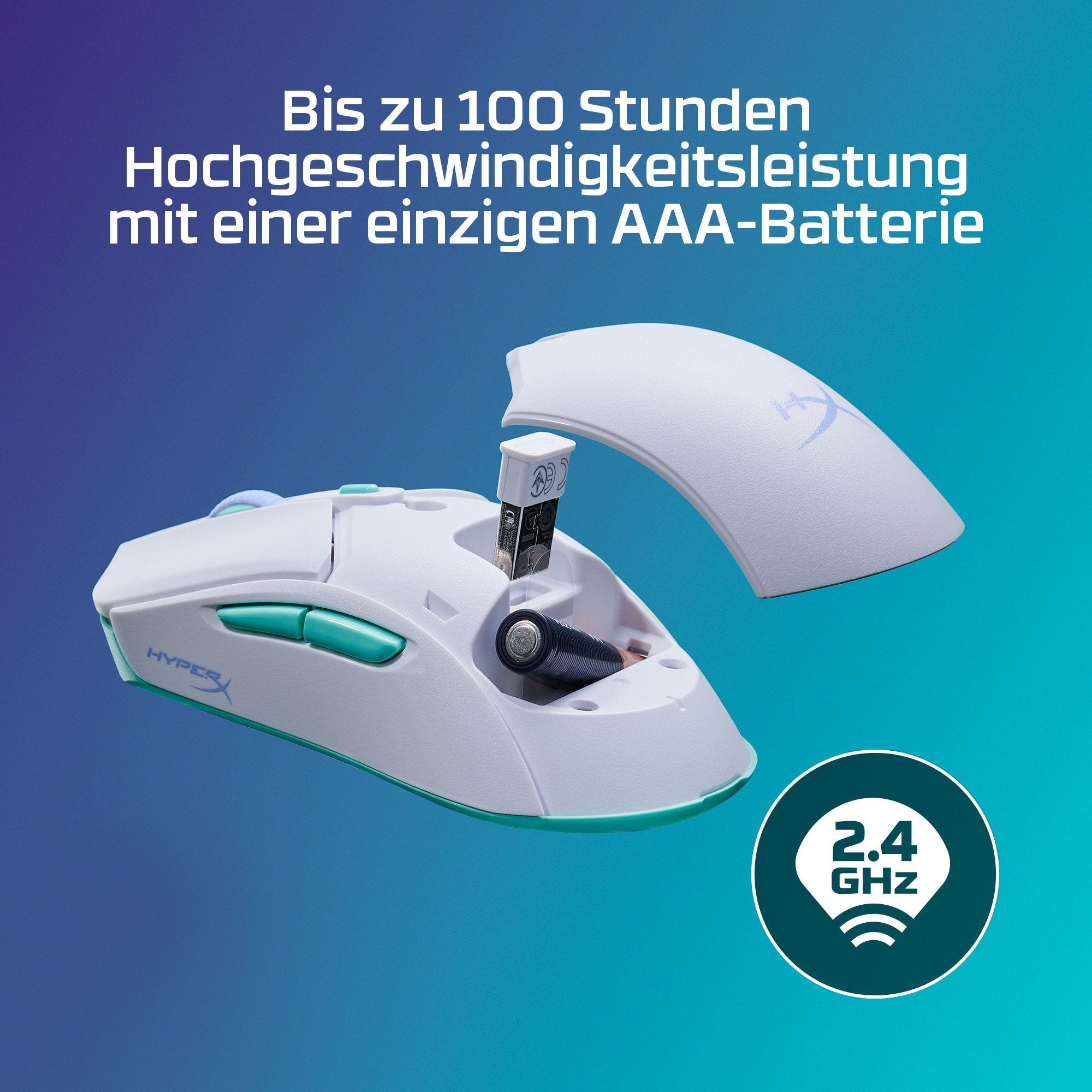 Mouse da gioco wireless bianco e verde acqua con vano batteria aperto. Ricevitore USB all'interno.
