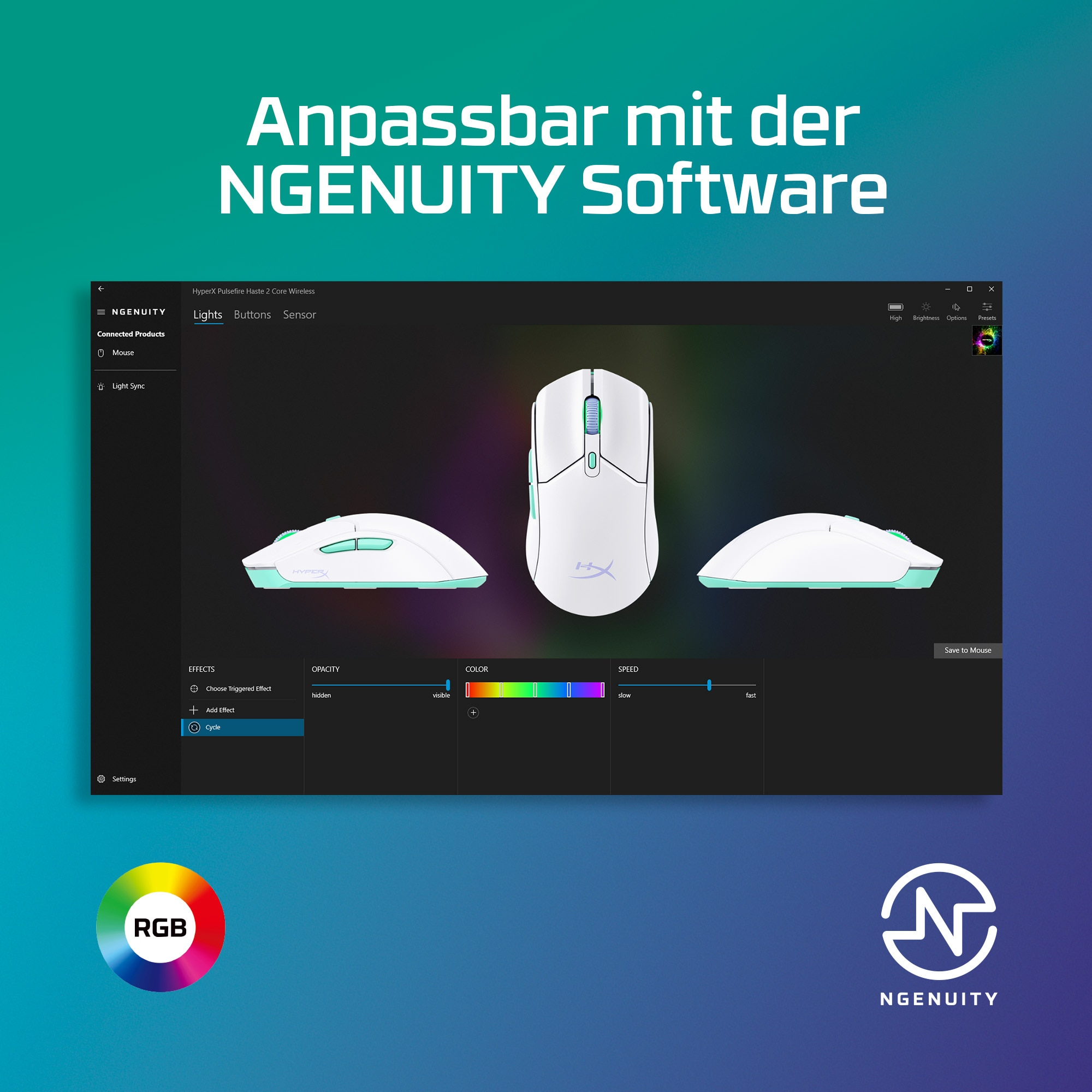 Viene visualizzata un'interfaccia software con tre mouse da gioco bianchi. L'interfaccia ha opzioni per l'illuminazione e i colori.