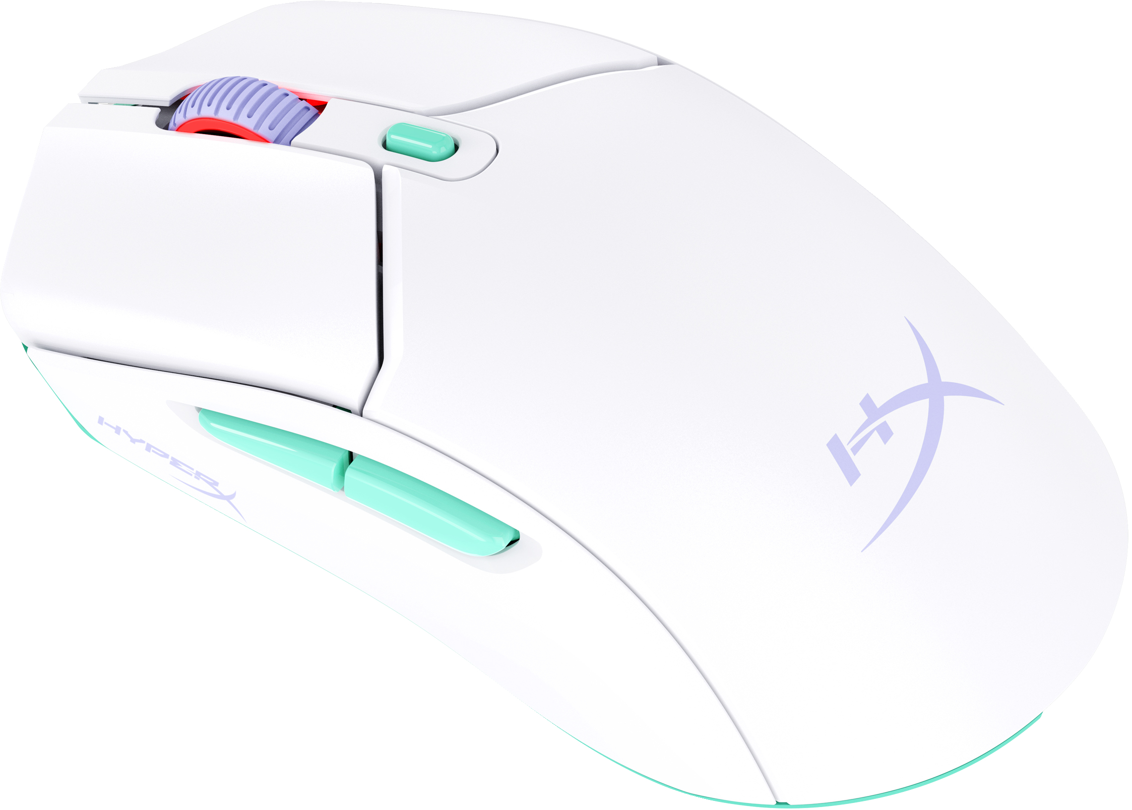Mouse da gaming bianco con dettagli blu, rossi e verdi. Logo HyperX visibile.