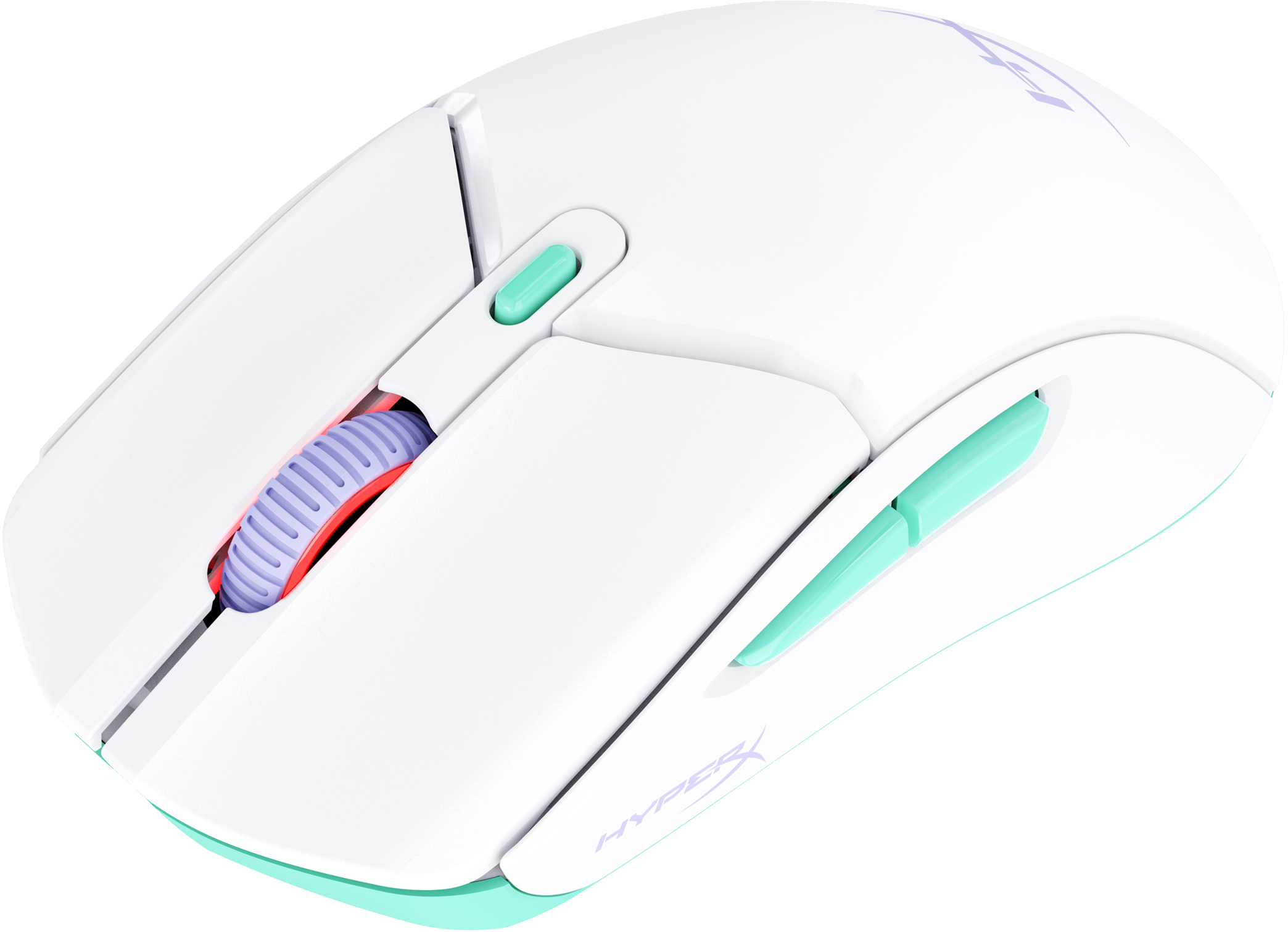 Mouse da gioco bianco con dettagli verde menta, la rotella è rossa e viola.