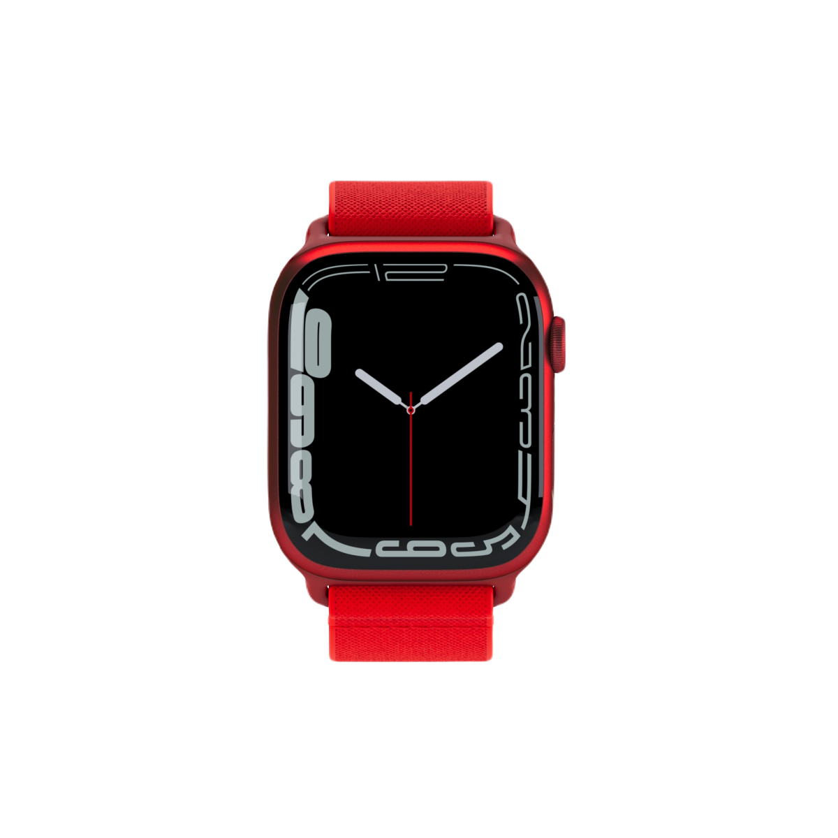 Zamanı gösteren siyah ekranlı kırmızı bir Apple Watch.