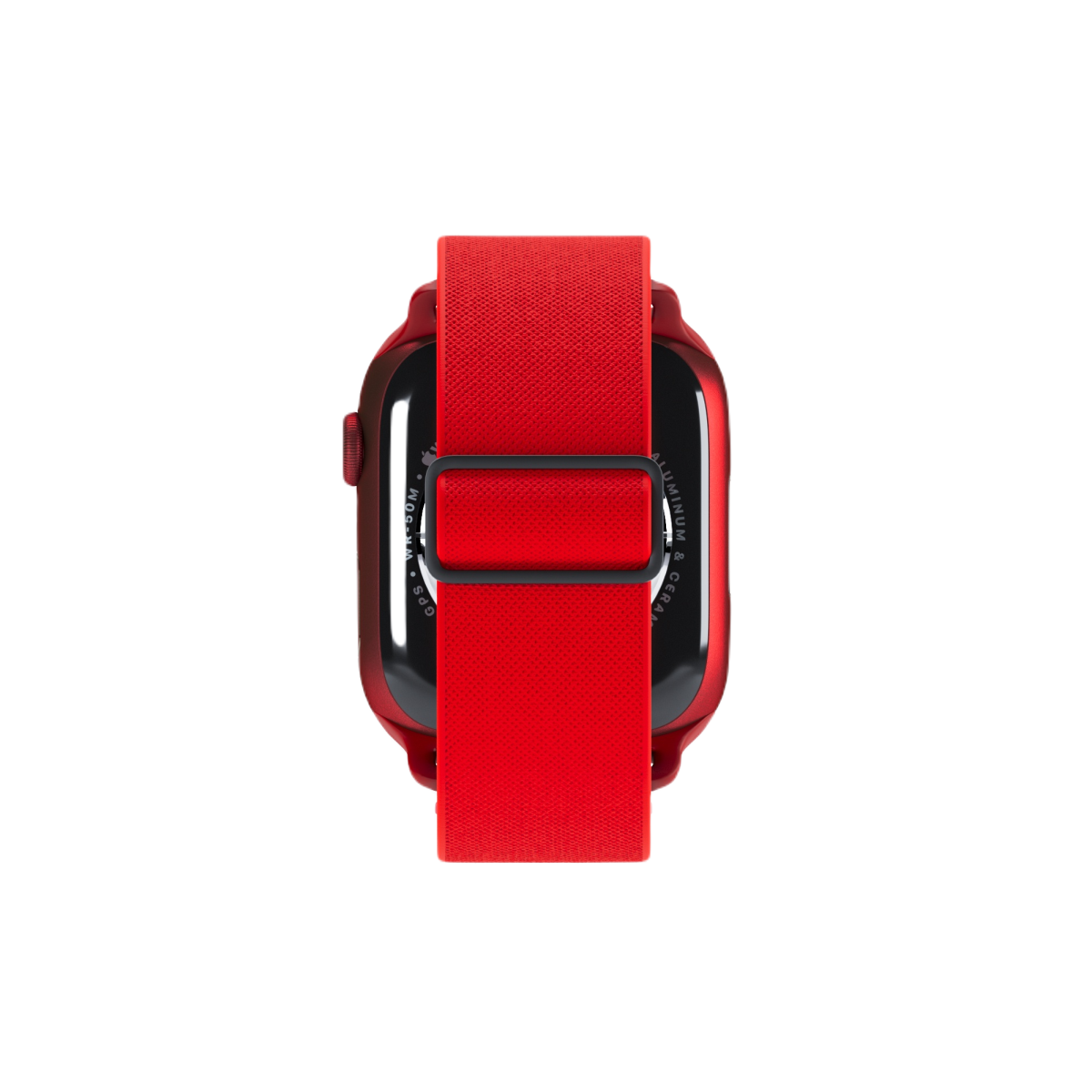 Kırmızı bir kayışlı kırmızı bir Apple Watch. Saat siyah bir yüzeyde.